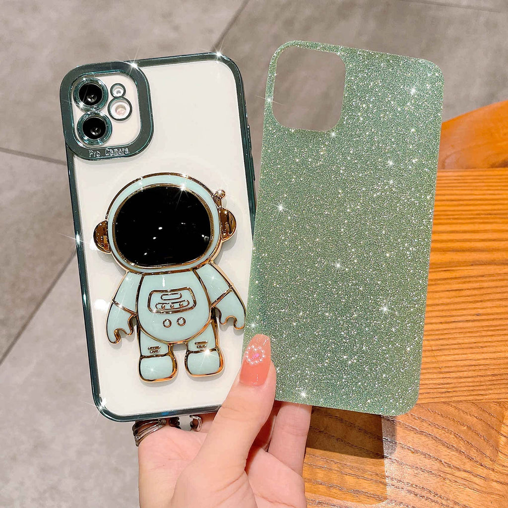 Mgqiling Compatible For Iphone 11 Bling Plating Astronaut Hidden Stand Case, Cute 6D Stand Glitter Phone Case For Women Girls So
