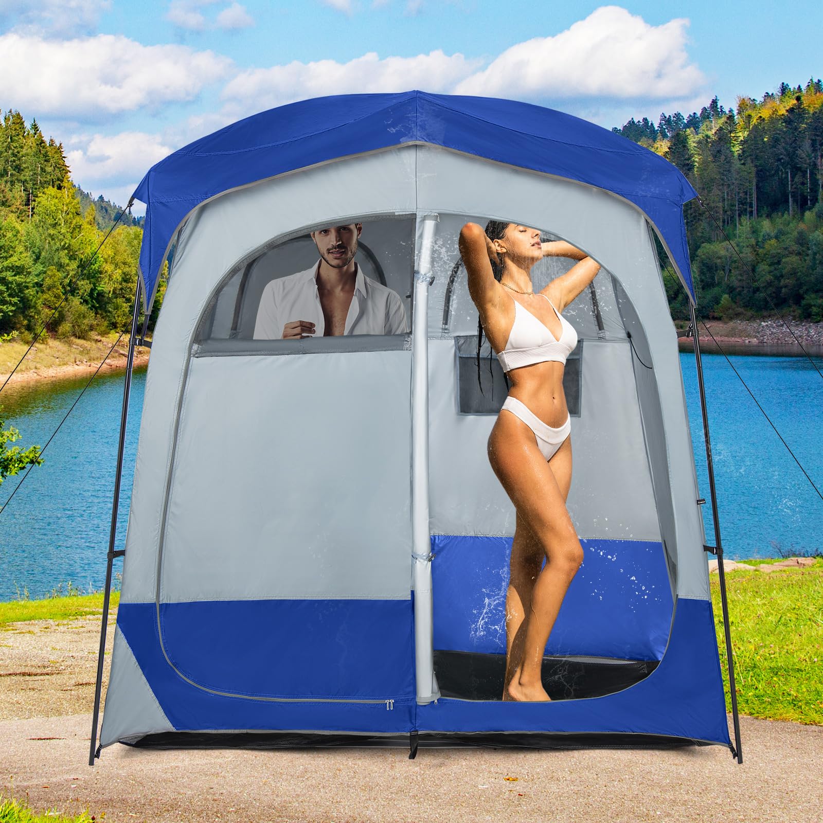 Tangkula Double Room Shower Tent, Oversize Space Privacy Outdoor Changing Tent With Floor, Removable Rain Fly, Inside Pocket, Cl