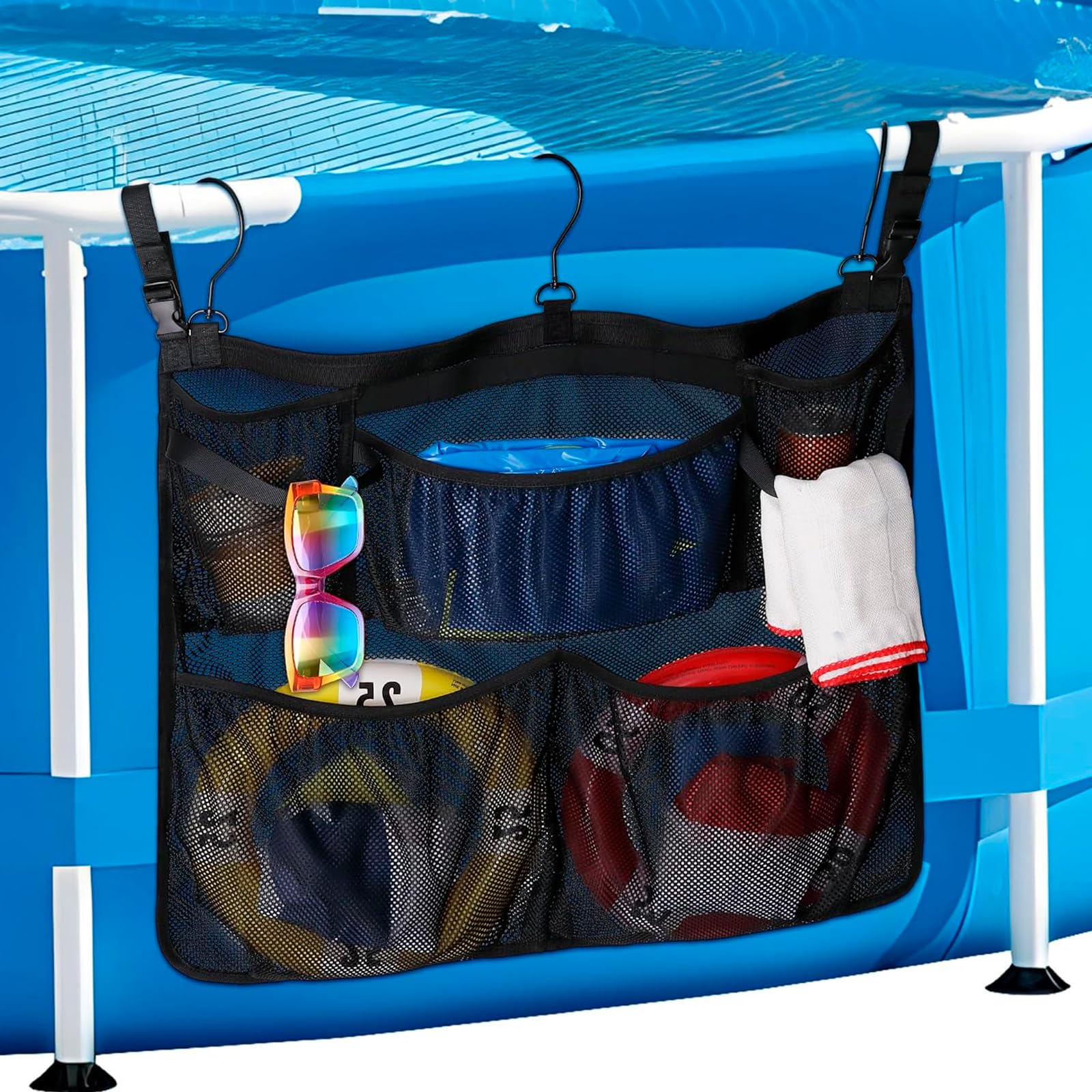 Adorila Above Ground Pool Storage Bag, 24x20, Hanging Mesh Organizer with Pockets for Swimming Toys, Metal Frame Pools, Towels &