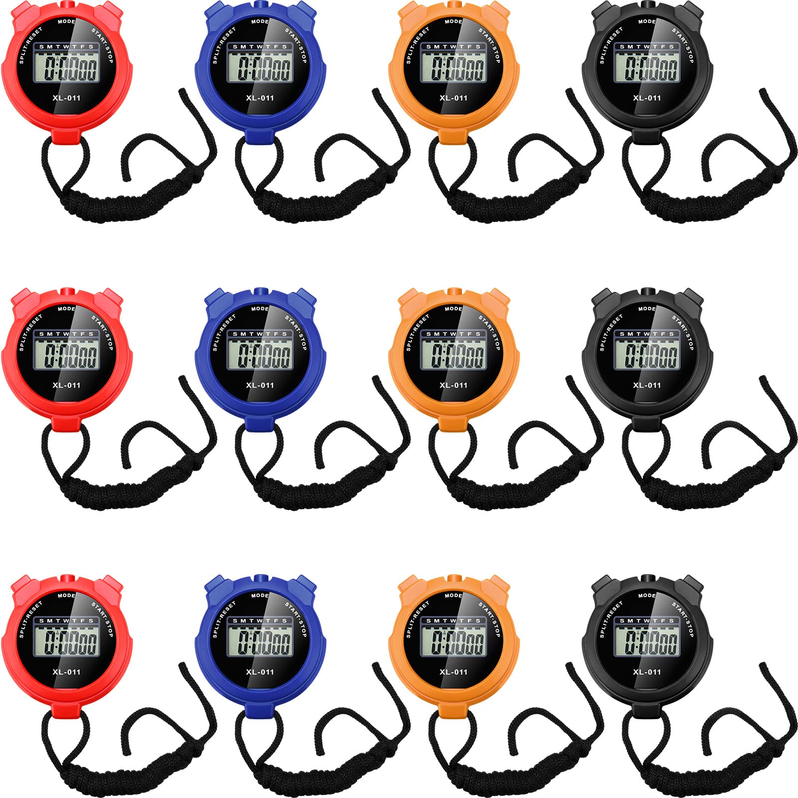 TOODOO 12 Pack Multi Function Digital Stopwatch Timer Bulk Sports Stopwatch with Lanyard Plastic Display Waterproof Date Time Al