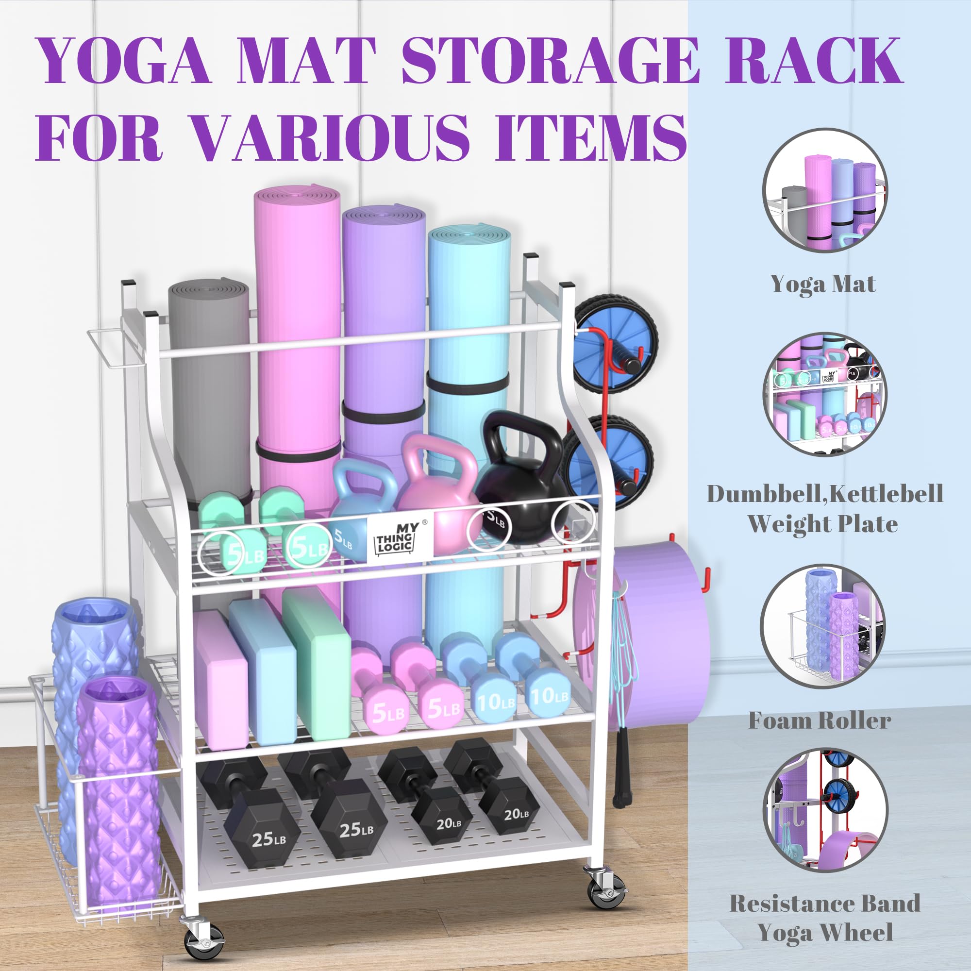 Mythinglogic Yoga Mat Storage Racks,Home Gym Storage Rack For Dumbbells Kettlebells Foam Roller, Yoga Strap And Resistance Bands