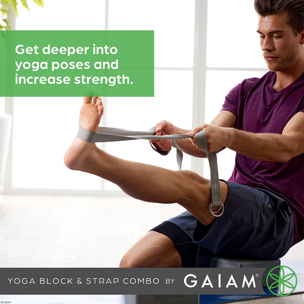 Gaiam Yoga Block & Yoga Strap Combo Set - Yoga Block With Strap, Pilates & Yoga Props To Help Extend & Deepen Stretches, Yoga Ki
