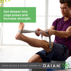 Gaiam Yoga Block & Yoga Strap Combo Set - Yoga Block With Strap, Pilates & Yoga Props To Help Extend & Deepen Stretches, Yoga Ki