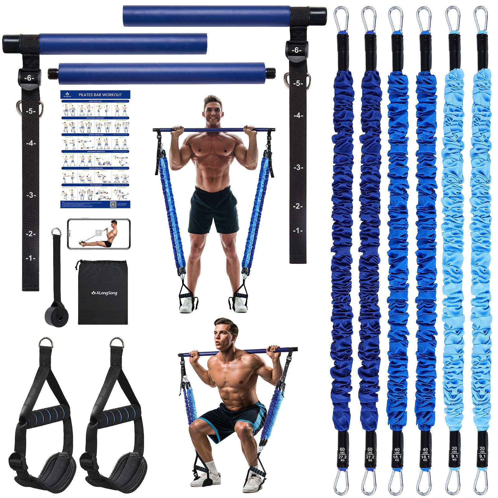 ALongSong Portable Pilates Bar Kit with Resistance Bands Natural Latex, Adjustable Exercise Equipment Multifunctional Yoga Pilat