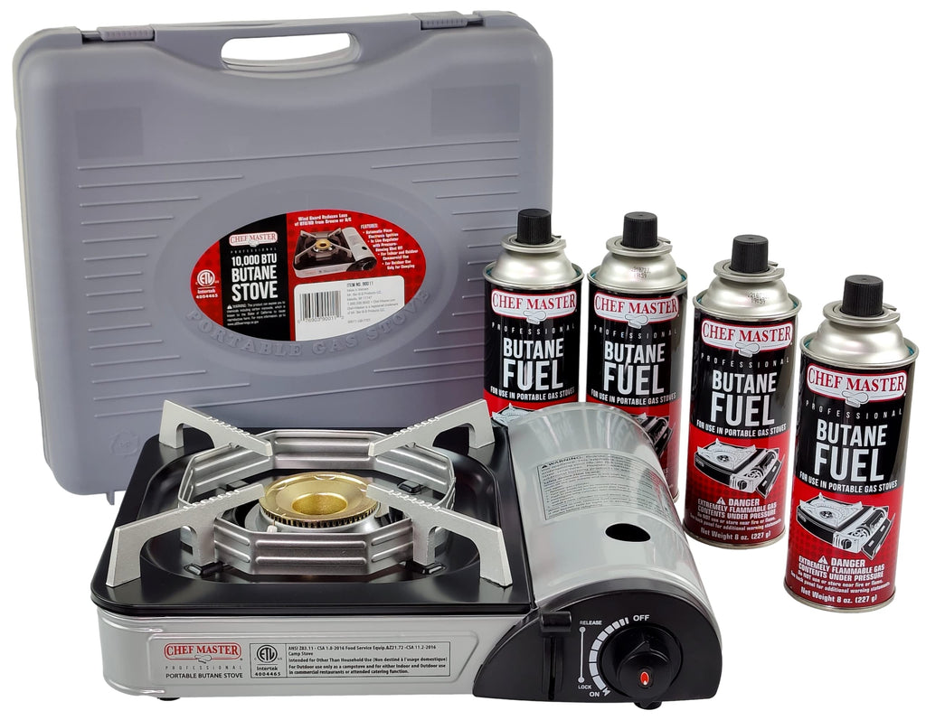 Chef Master 90011 Portable Butane Stove  10,000 Btu Outlet  Camp Kitchen Equipment  Emergency Stove  Hurricane Stove  Single Bur