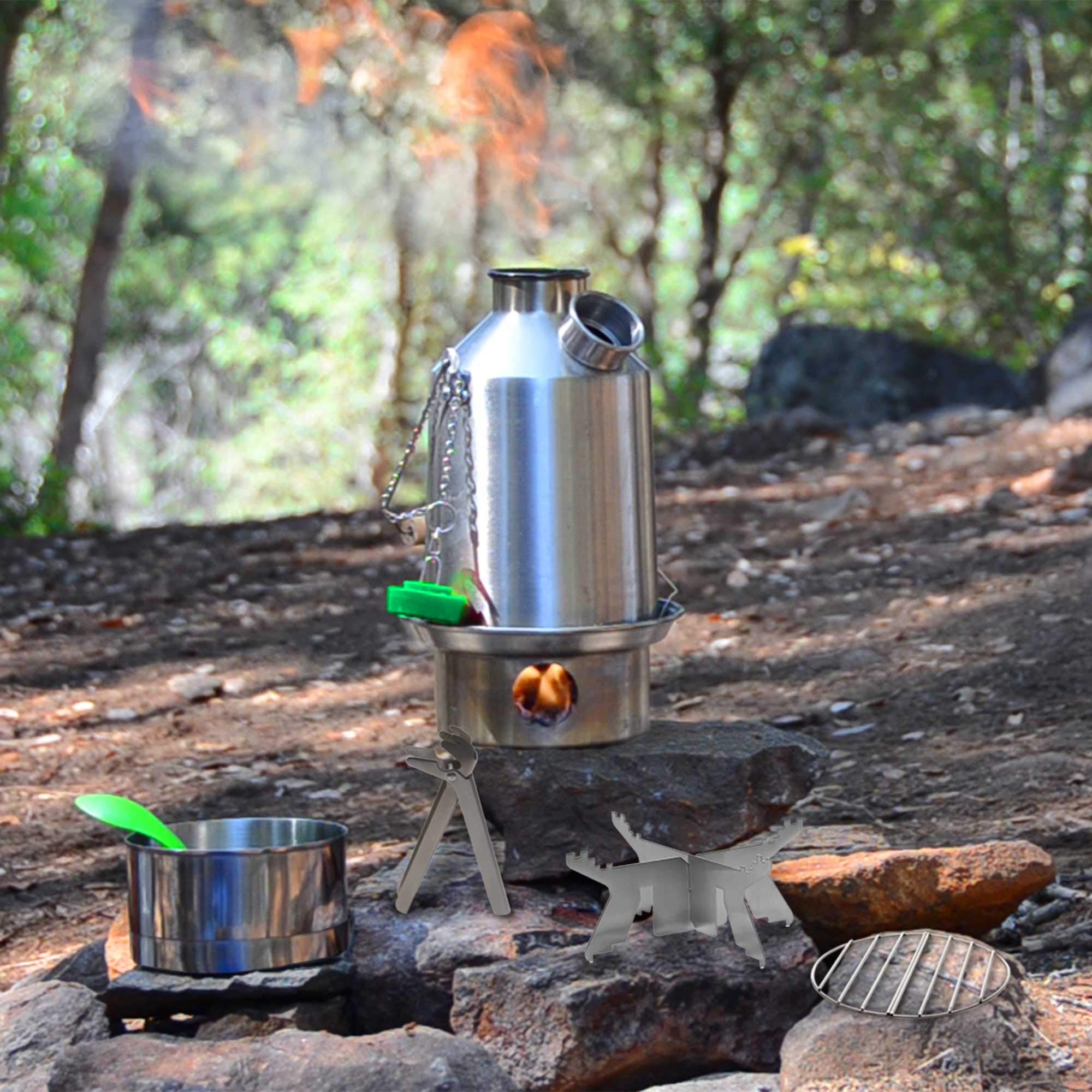 Scout 41 Oz. Stainless Steel Kelly Kettle? Basic Kit (1.2 Ltr) Rocket Stove Boils Water Ultra Fast With Just Sticks/Twigs. For C