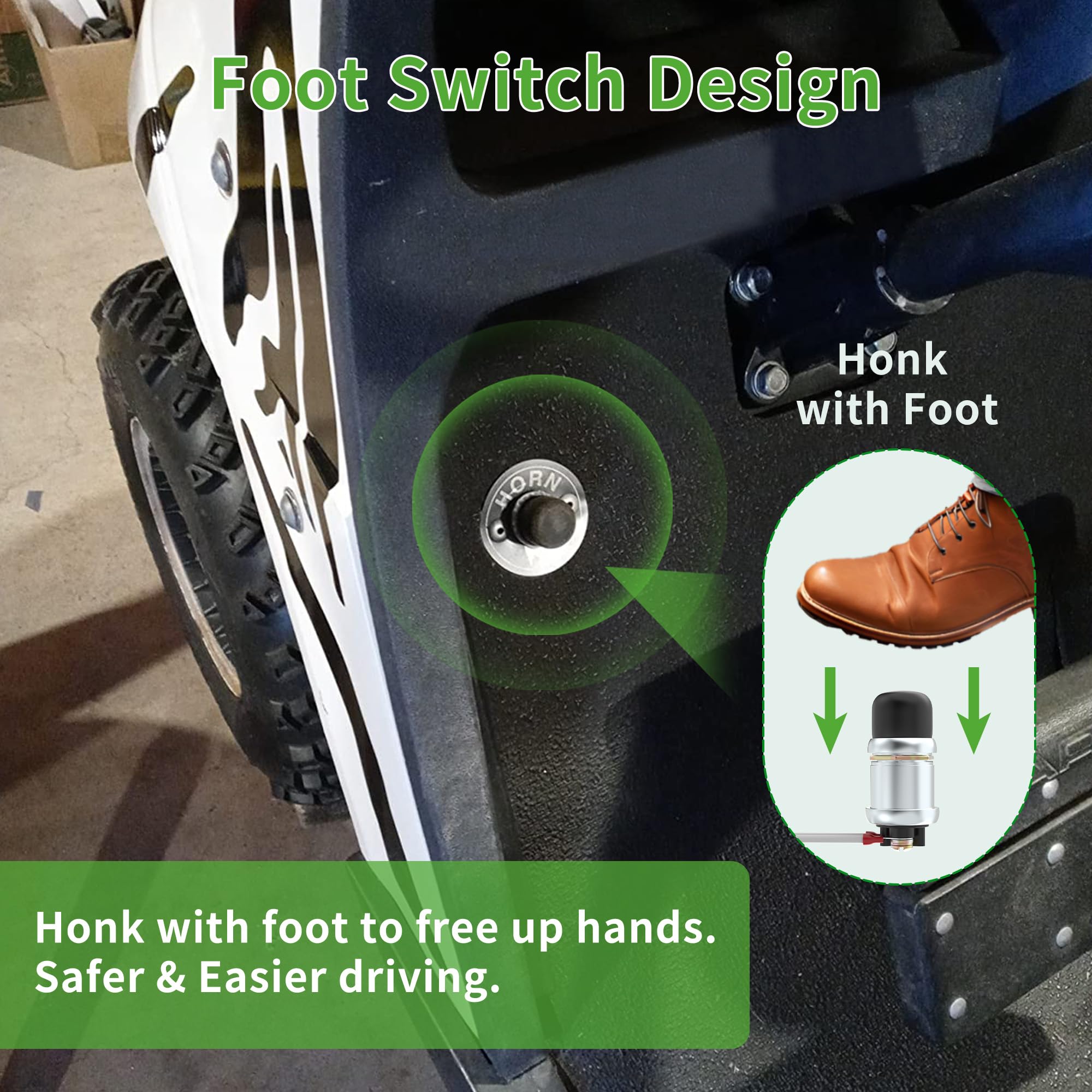 10L0L Universal 12 Volt Golf Cart Horn Kit For Ezgo, Club Car, Yamaha - Floor Mount Button Switch, Golf Cart Street Legal Horn K