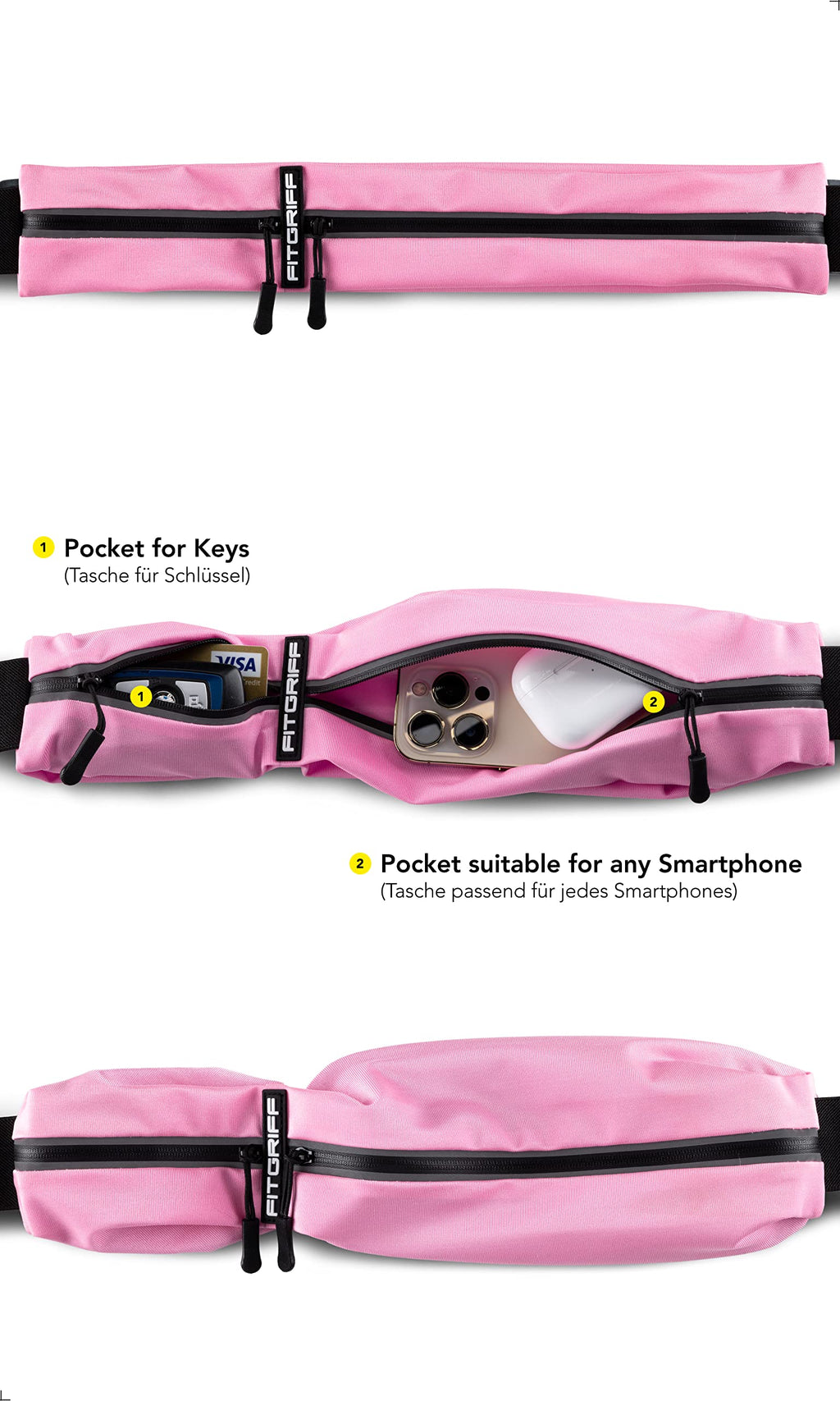 Fitgriff Running Belt For Men & Women - Secure Jogging Pouch For Phone, Keys & Essentials - For All Cell Phones (Pink, 33.5'' -