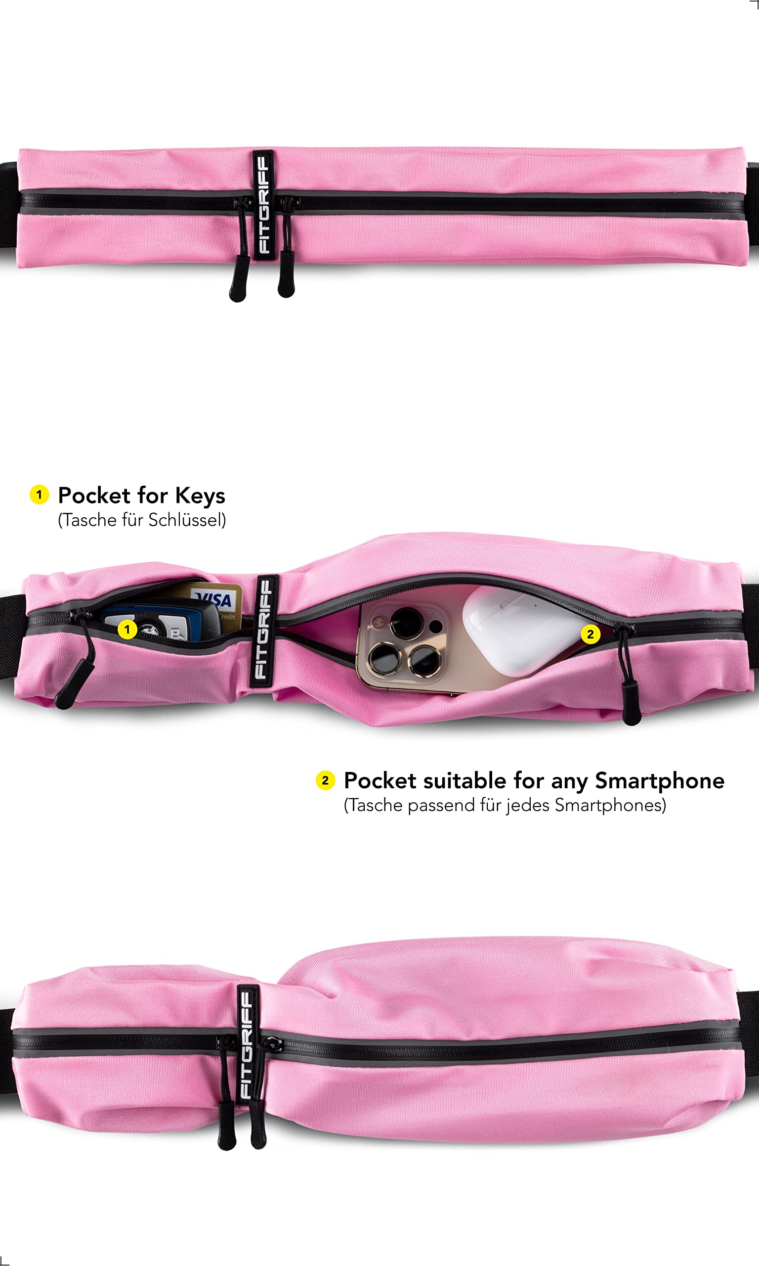 Fitgriff Running Belt For Men & Women - Secure Jogging Pouch For Phone, Keys & Essentials - For All Cell Phones (Pink, 33.5'' -
