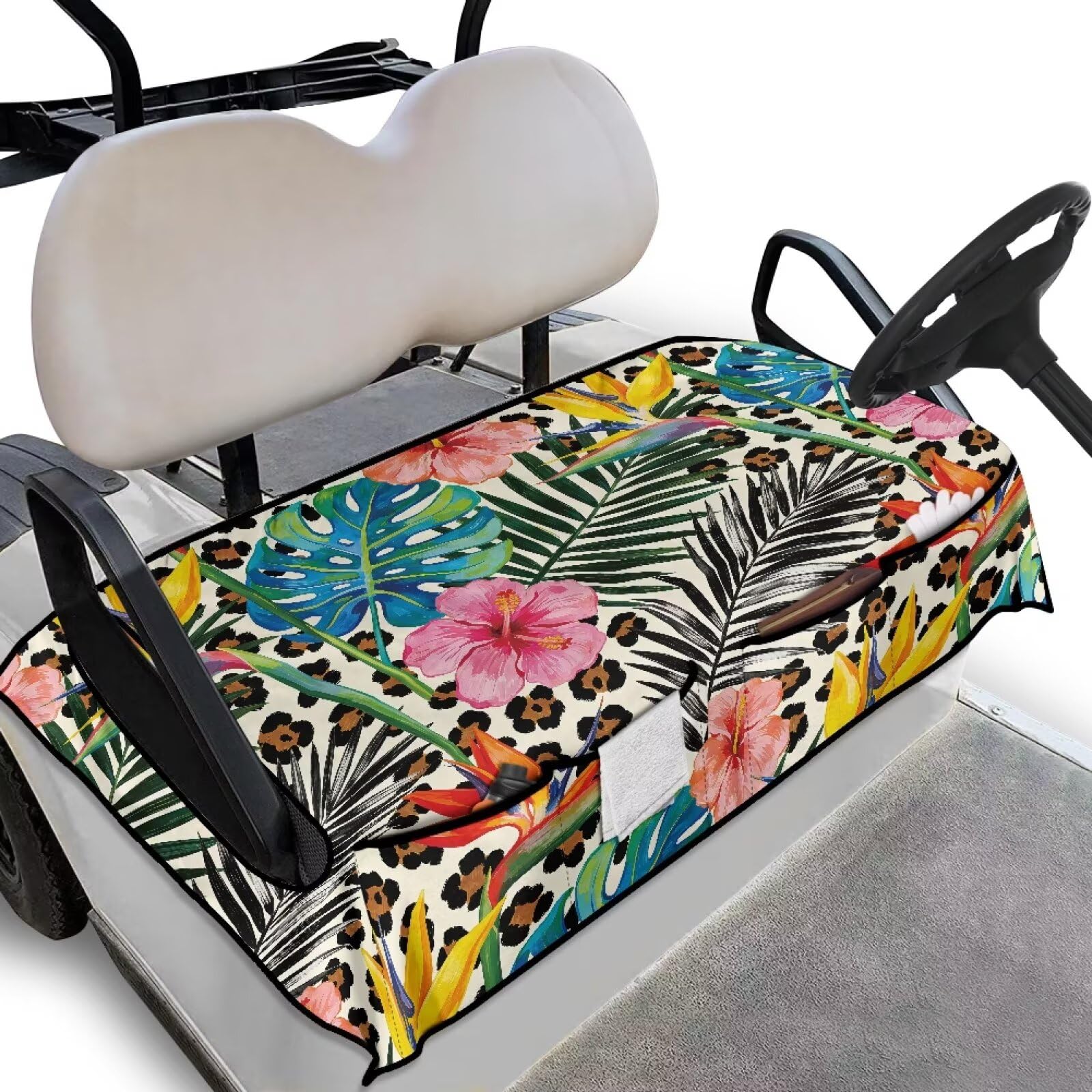 Knextrepoy Tropical Hibiscus Golf Cart Seat Covers with Pockets Leopard Print Golf Cart Towel Seat Covers for Club Car Universal