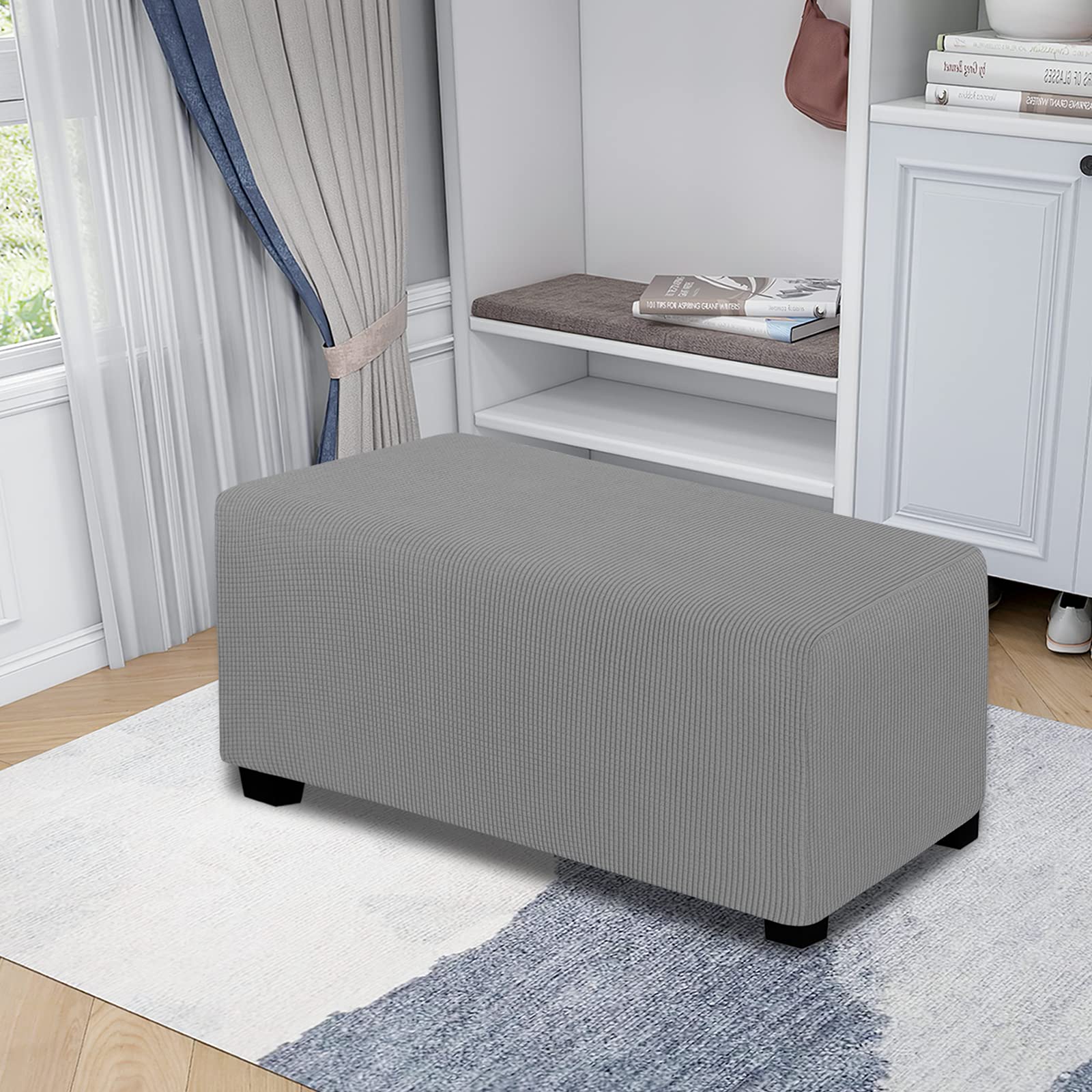 Easy-Going Stretch Ottoman Cover Folding Storage Stool Furniture Protector Soft Rectangle Slipcover Elastic Bottom( Ottoman Larg