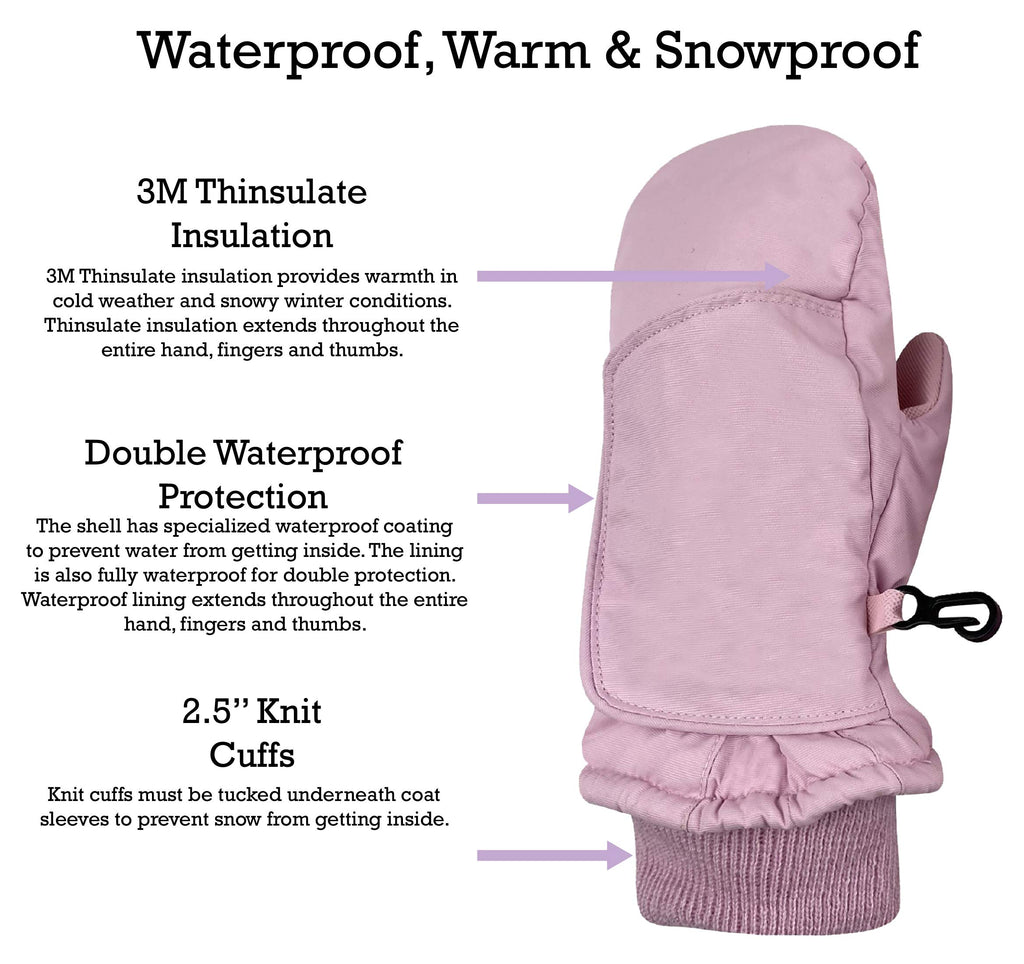 Nice Caps Kids Toddler Girls Waterproof Mittens - Thinsulate Wrap Snow Gloves Baby (Pink, 1-2 Years)