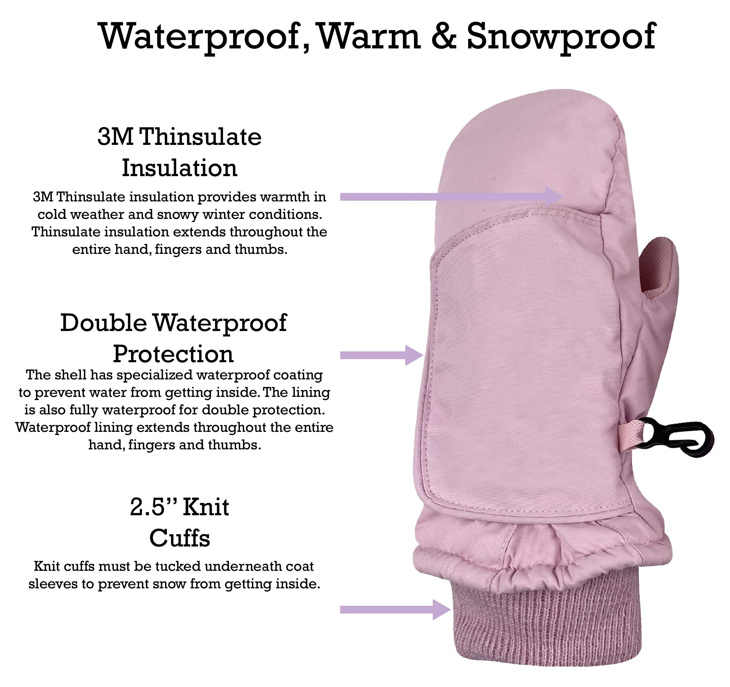 Nice Caps Kids Toddler Girls Waterproof Mittens - Thinsulate Wrap Snow Gloves Baby (Pink, 1-2 Years)