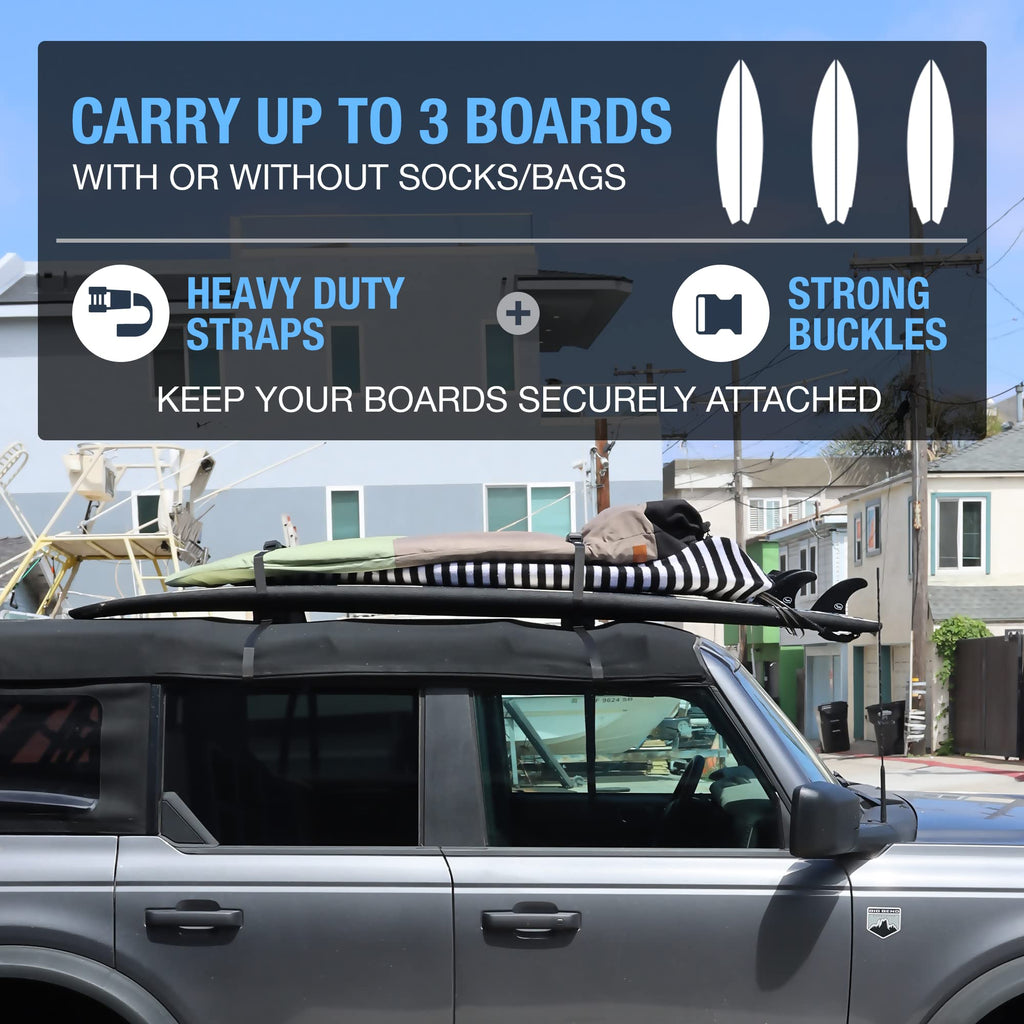 Ho Stevie! Surfboard Car Roof Rack Padded System (Holds Up To 3 Boards) With Silicone Buckle Covers