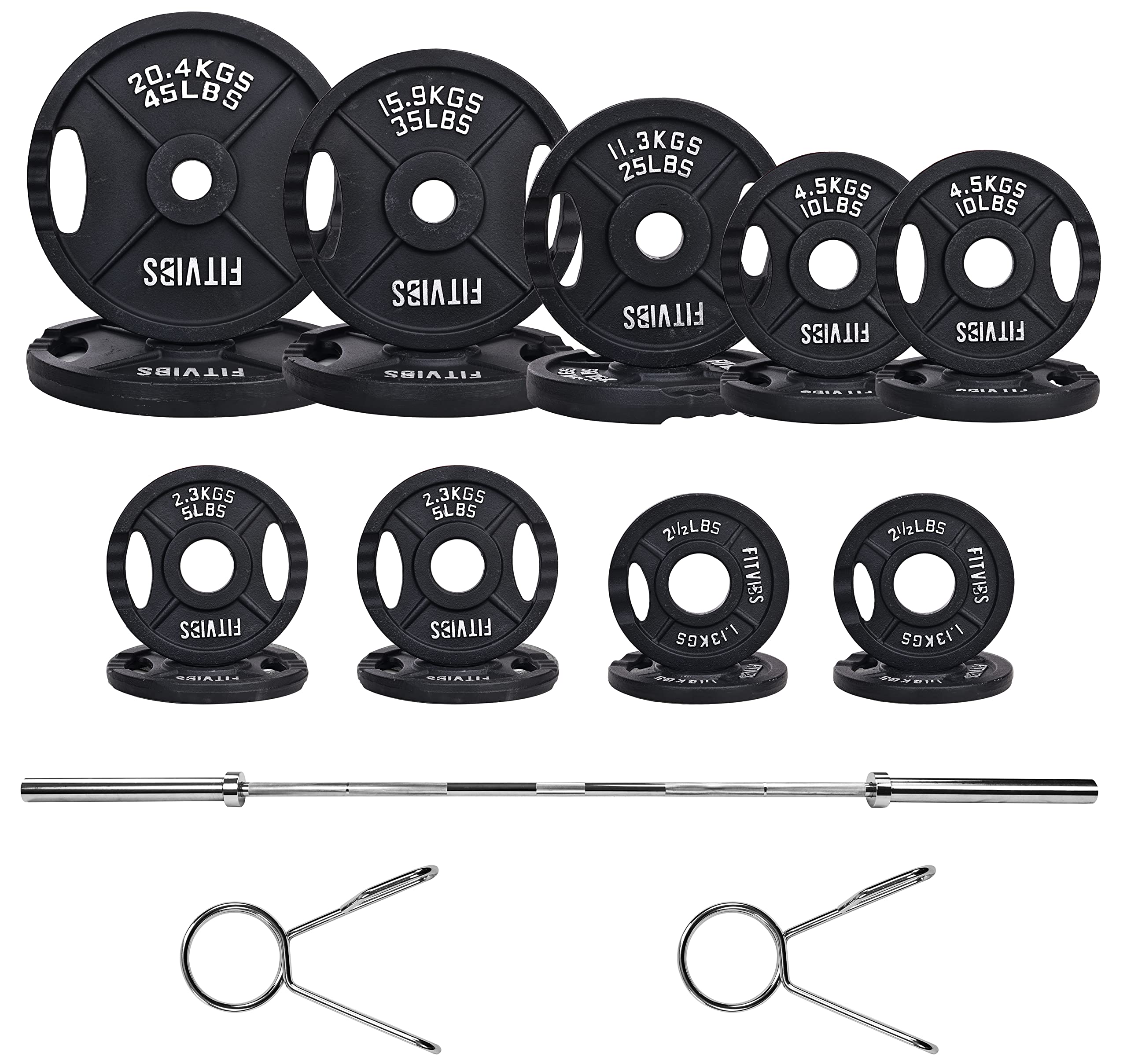 Signature Fitness Cast Iron Olympic 2-Inch Weight Plates Including 7FT Olympic Barbell, 325-Pound Set (280 Pounds Plates + 45 Po