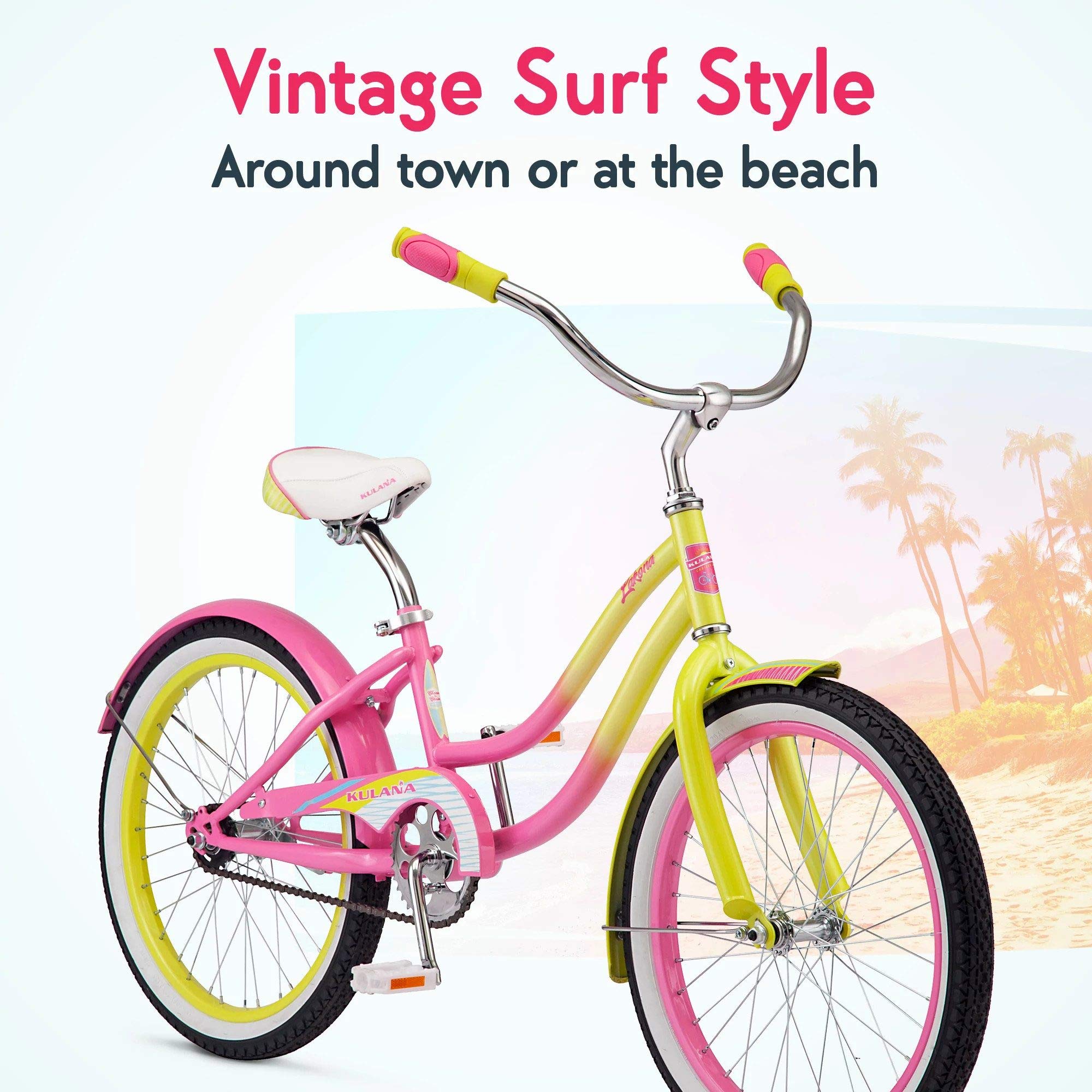 Kulana Lakona Shore Youth Beach Cruiser Bike, 20-Inch Wheels, Single Speed, Pink/Yellow, Model Number: R0901Az