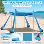 Beach Tent Canopy Upf50+ Protection, 10X10Ft Beach Shade Sun Shelter Pop Up With 4 Stability Poles, Sandbags, Sand Shovels, Grou