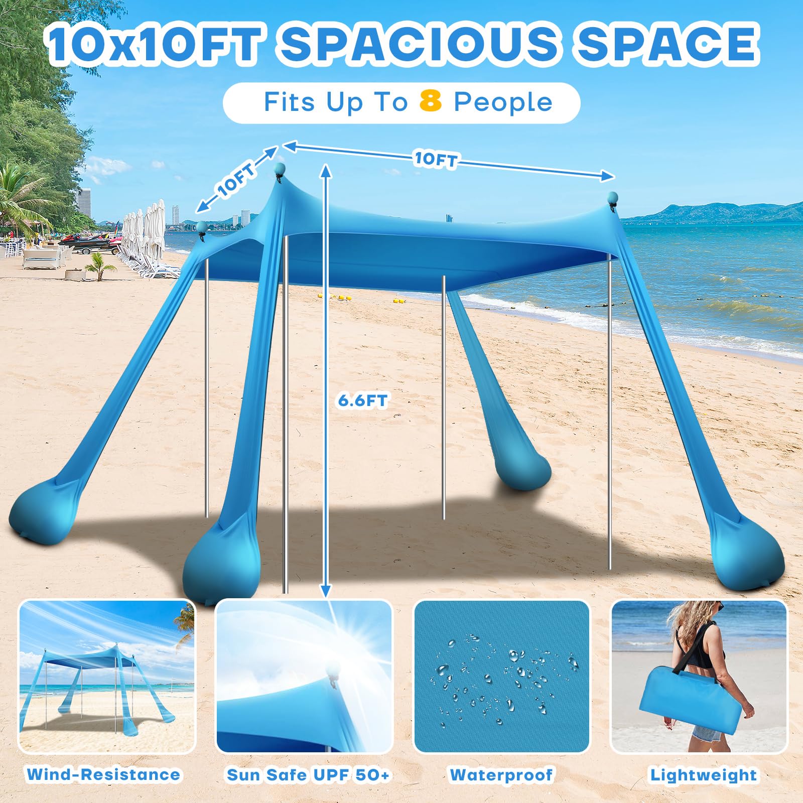 Beach Tent Canopy Upf50+ Protection, 10X10Ft Beach Shade Sun Shelter Pop Up With 4 Stability Poles, Sandbags, Sand Shovels, Grou