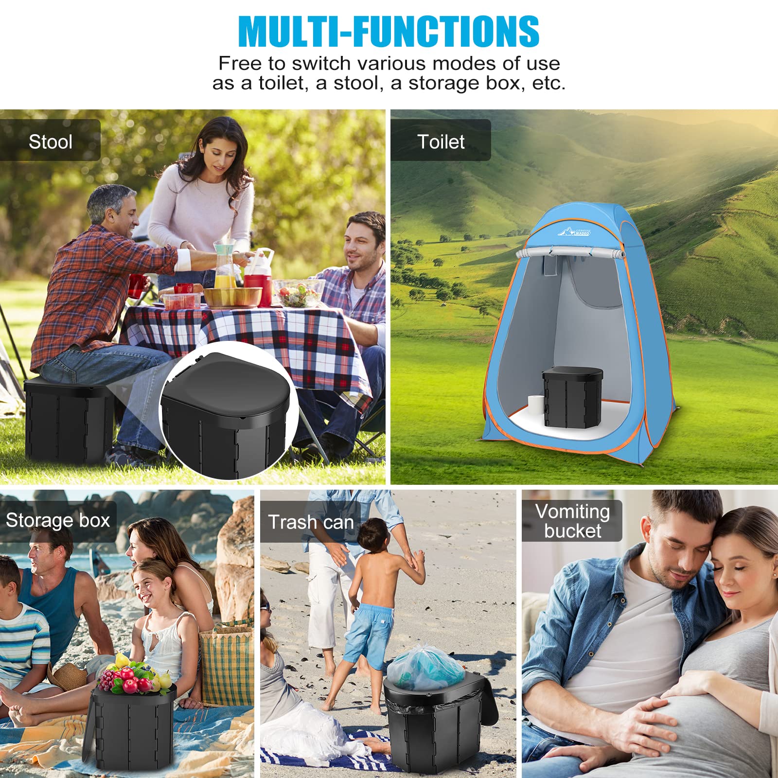 Portable Camping Toilet, Folding Toilet For Adults With Lid And Retractable Toilet Paper Holder,Waterproof Porta Potty With Carr