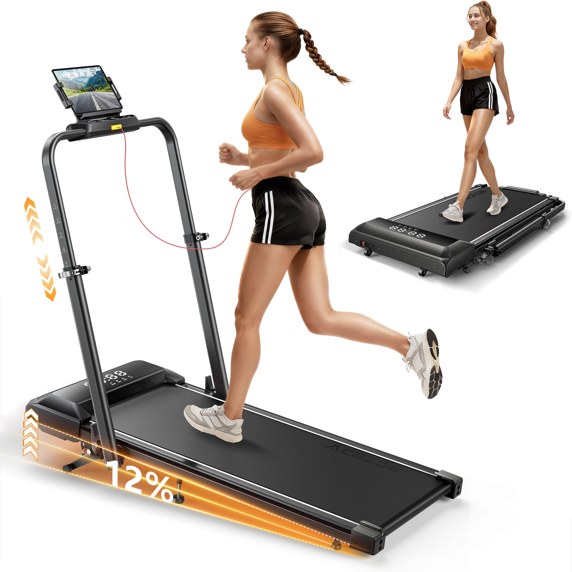 Walking Pad Treadmill with 12% Incline, Folding Treadmill with Adjustable Height Handle Bar for Home/Office