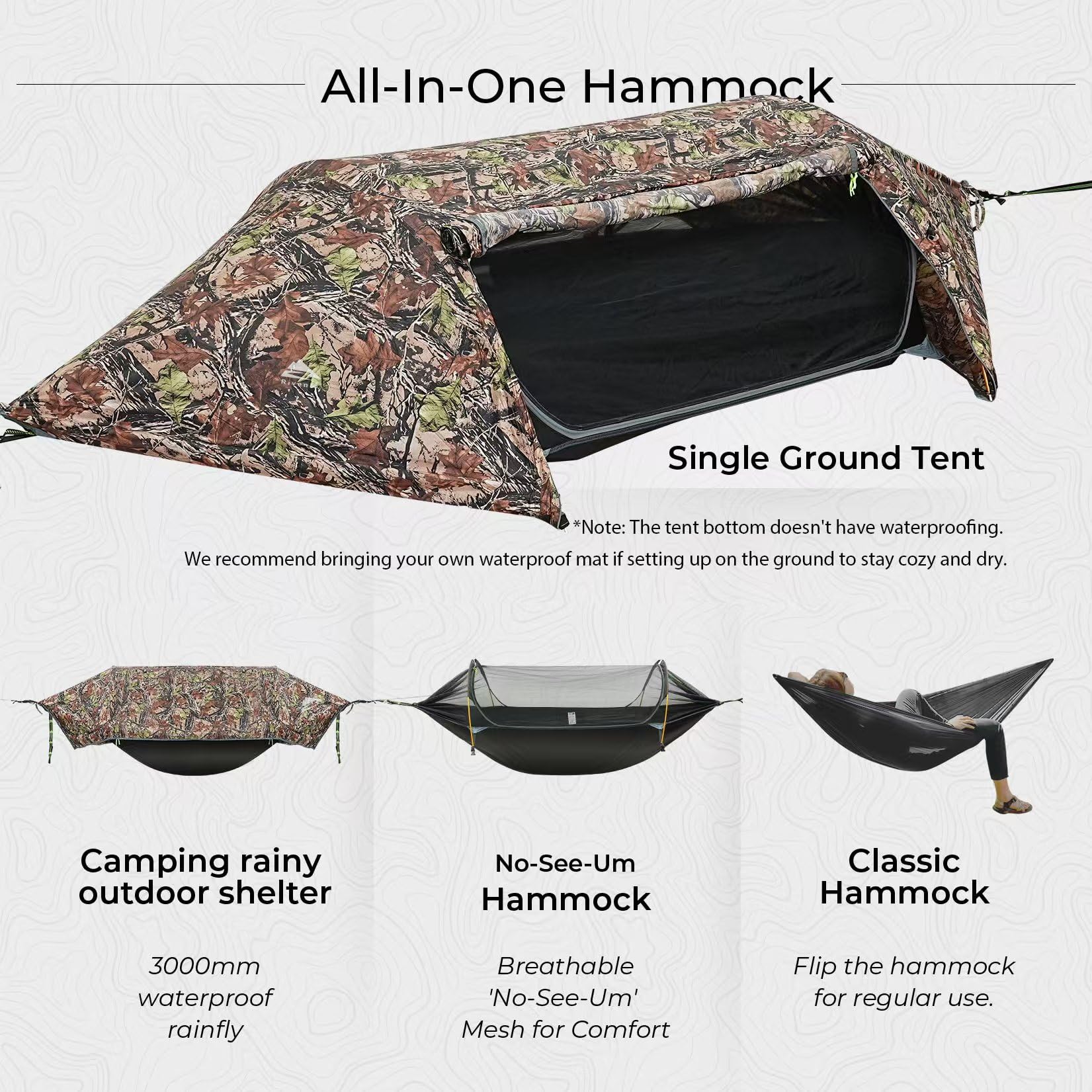 Rivenlo Camping Hammock Tent With Mosquito Net & Rainfly, 3 In 1 Waterproof Lightweight Portable Sleeping Hammock Bug Backpacker