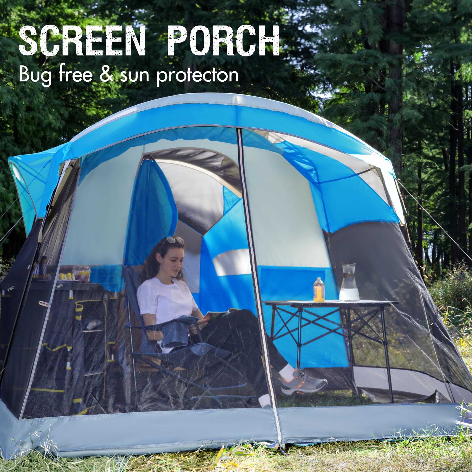 Portal 8 Person Family Camping Tent With Screen Porch, Weather Resistant Tunnel Tent With Rainfly, Large Family Tents For Outdoo