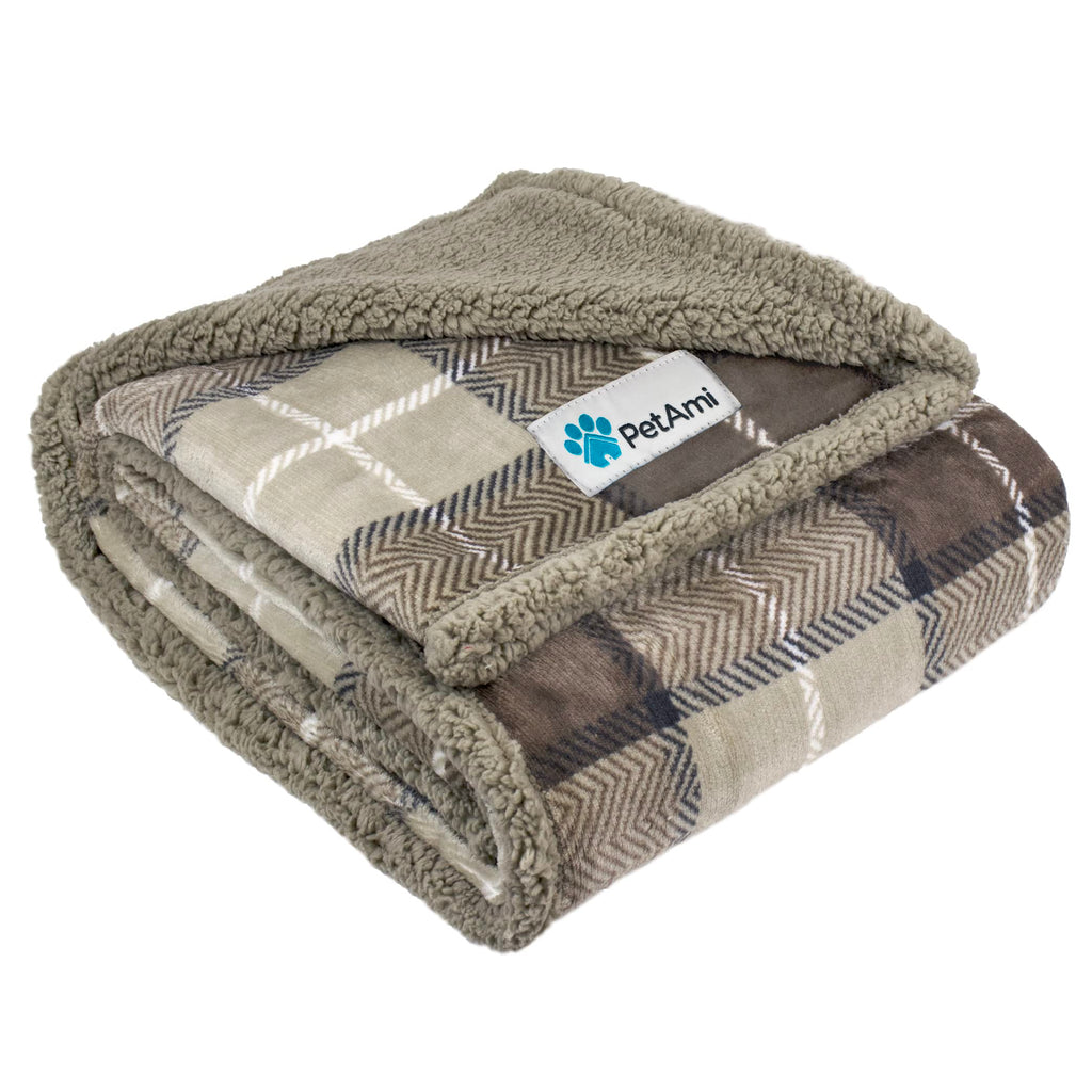 Petami Dog Blanket, Plaid Sherpa Dog Blanket  Plush, Reversible, Warm Pet Blanket For Dog Bed, Couch, Sofa, Car (Taupe, 60X40 In