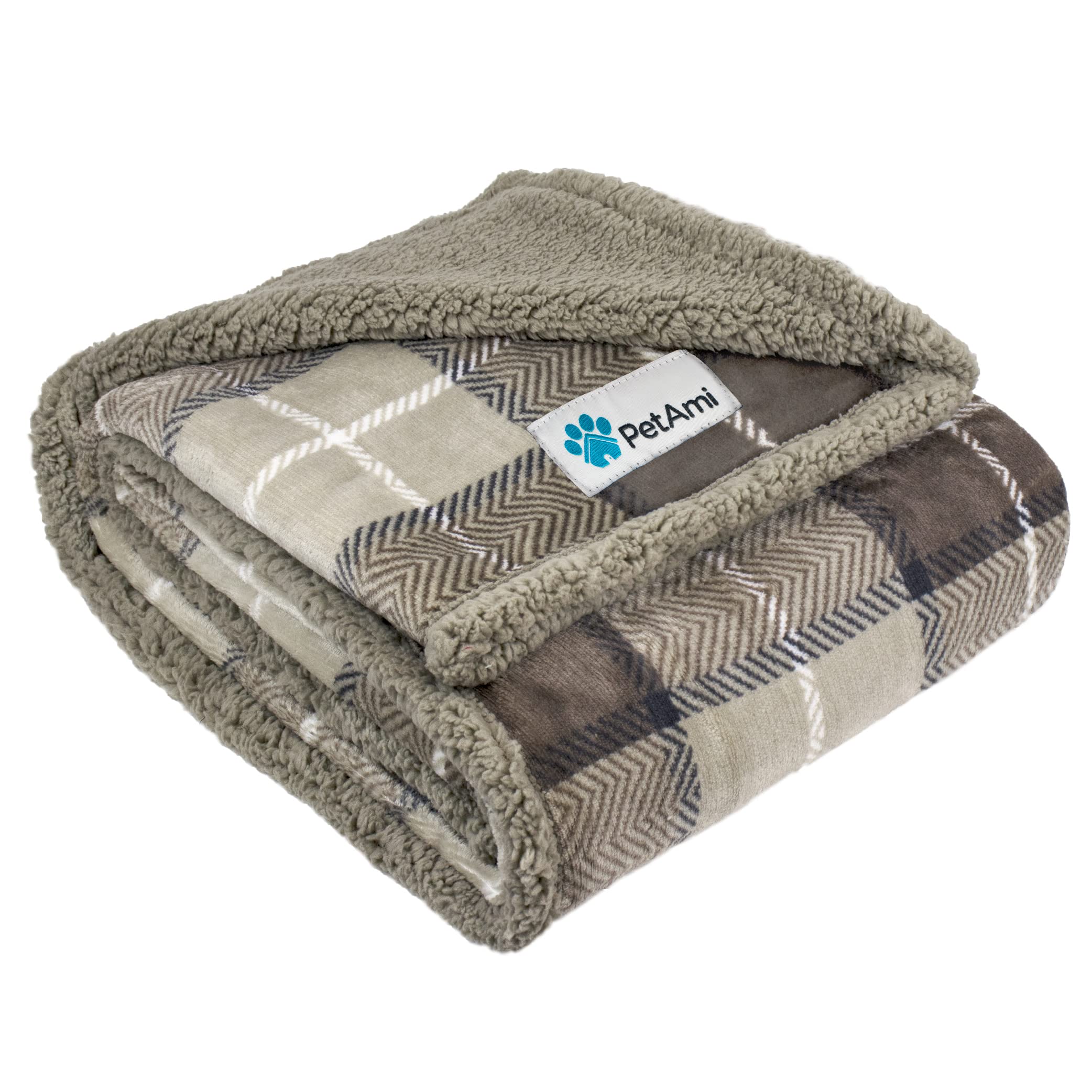 Petami Dog Blanket, Plaid Sherpa Dog Blanket  Plush, Reversible, Warm Pet Blanket For Dog Bed, Couch, Sofa, Car (Taupe, 60X40 In