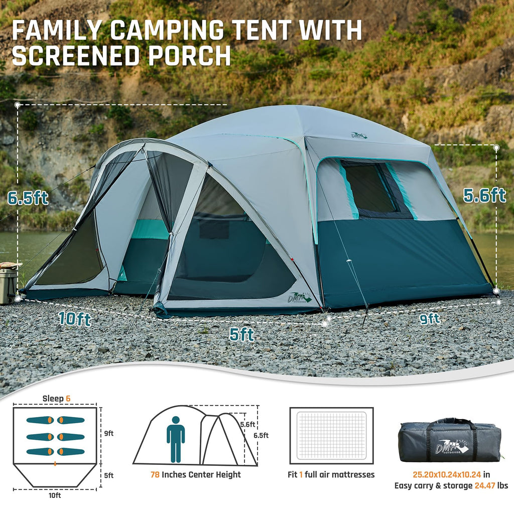 Tents For Camping 6 Person Camping Tent With Screen Porch, Weatherproof Large Cabin Tent With Rainfly And Carry Bag, Family Tent