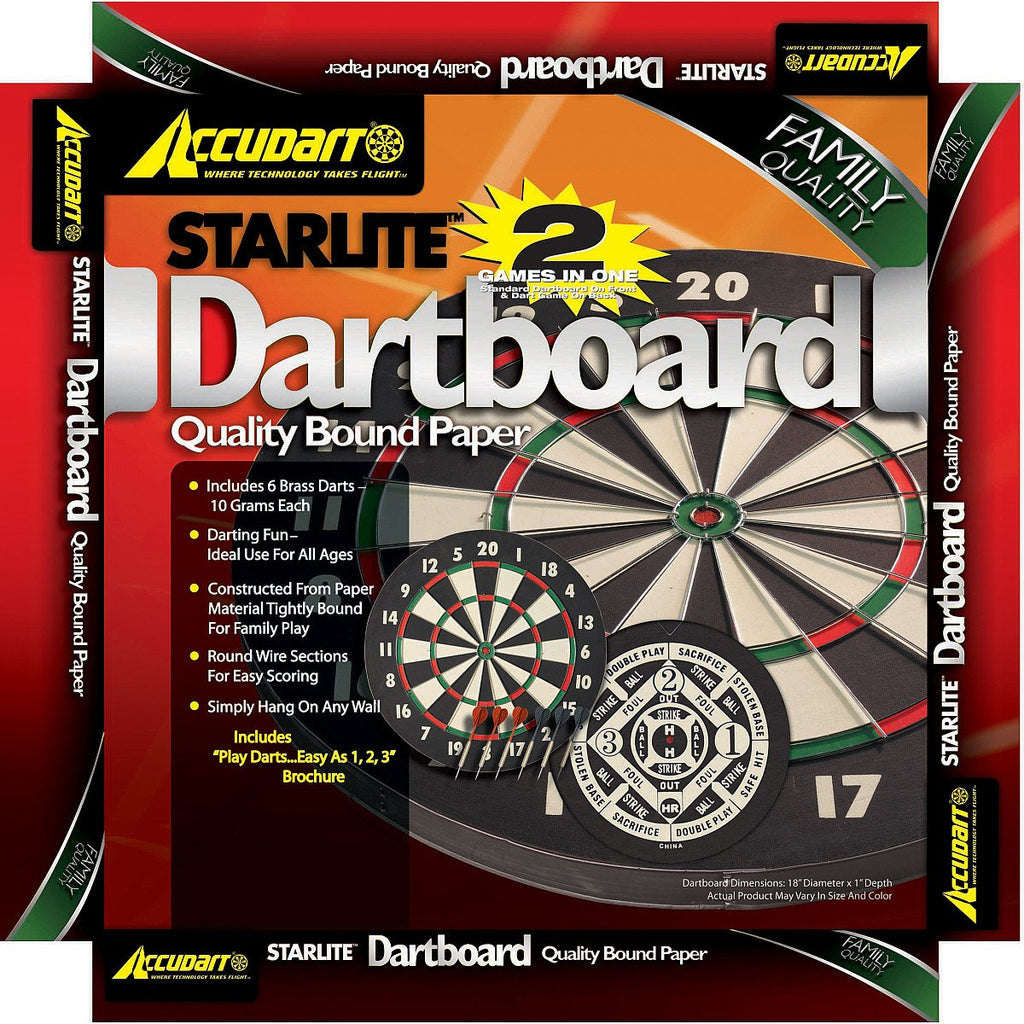 Accudart 2-In-1 Starlite Quality-Bound Paper Dartboard Game Set With Six Included Brass Darts , Black