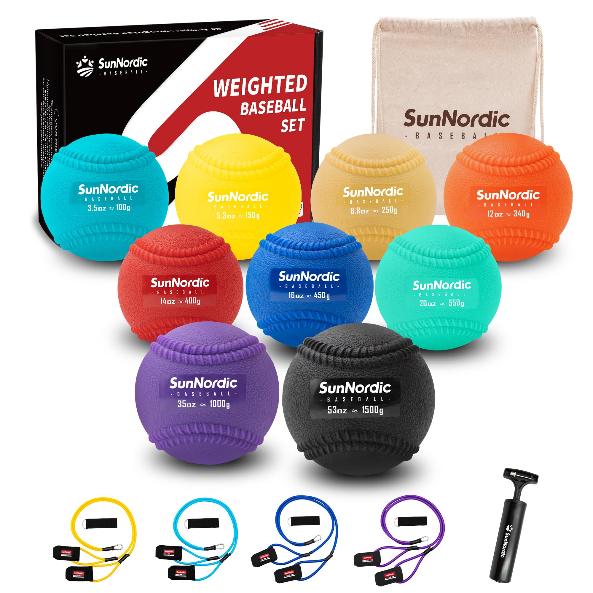 SunNordic 6/9 Pack Plyometric Weighted Baseball Set (3.5-16/35/53/70 oz) - Variable Weight Plyo Baseballs for Improved Power & P