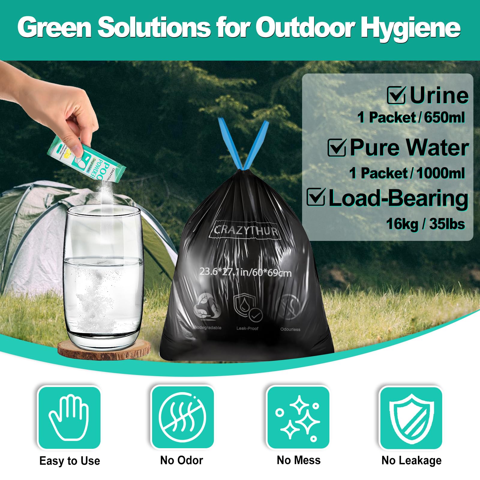 Crazythur 29Pcs Portable Toilet Bags With 25Pcs For Poo Powder Set, 8.5 Gallon Camping Toilet Bag Portable Toilets Absorbent Pow