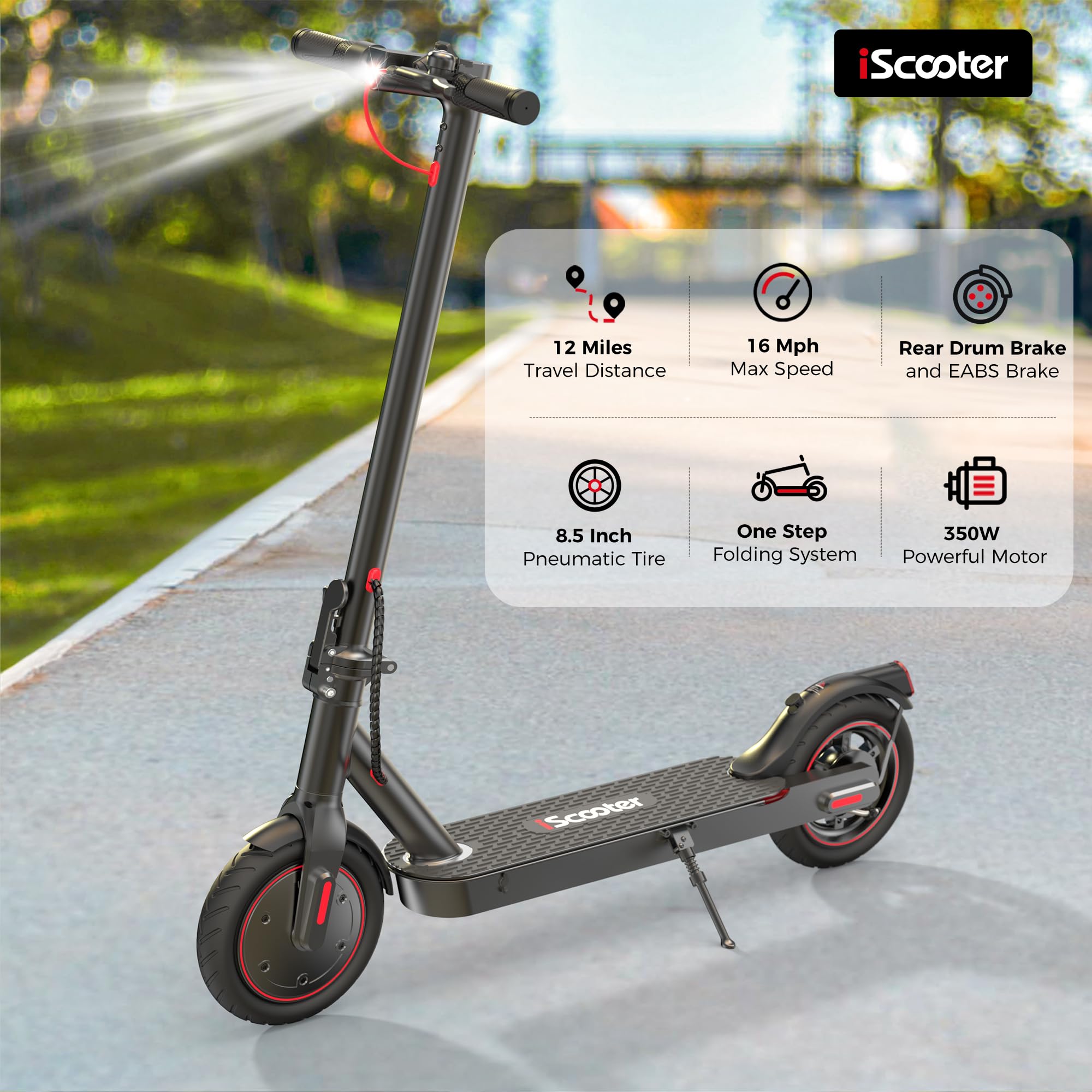 iScooter Electric Scooter, 12 Miles Range, 18 Mph Top Speed, Foldable Scooter Electric with 8.5 Pneumatic Tire, Double Braking