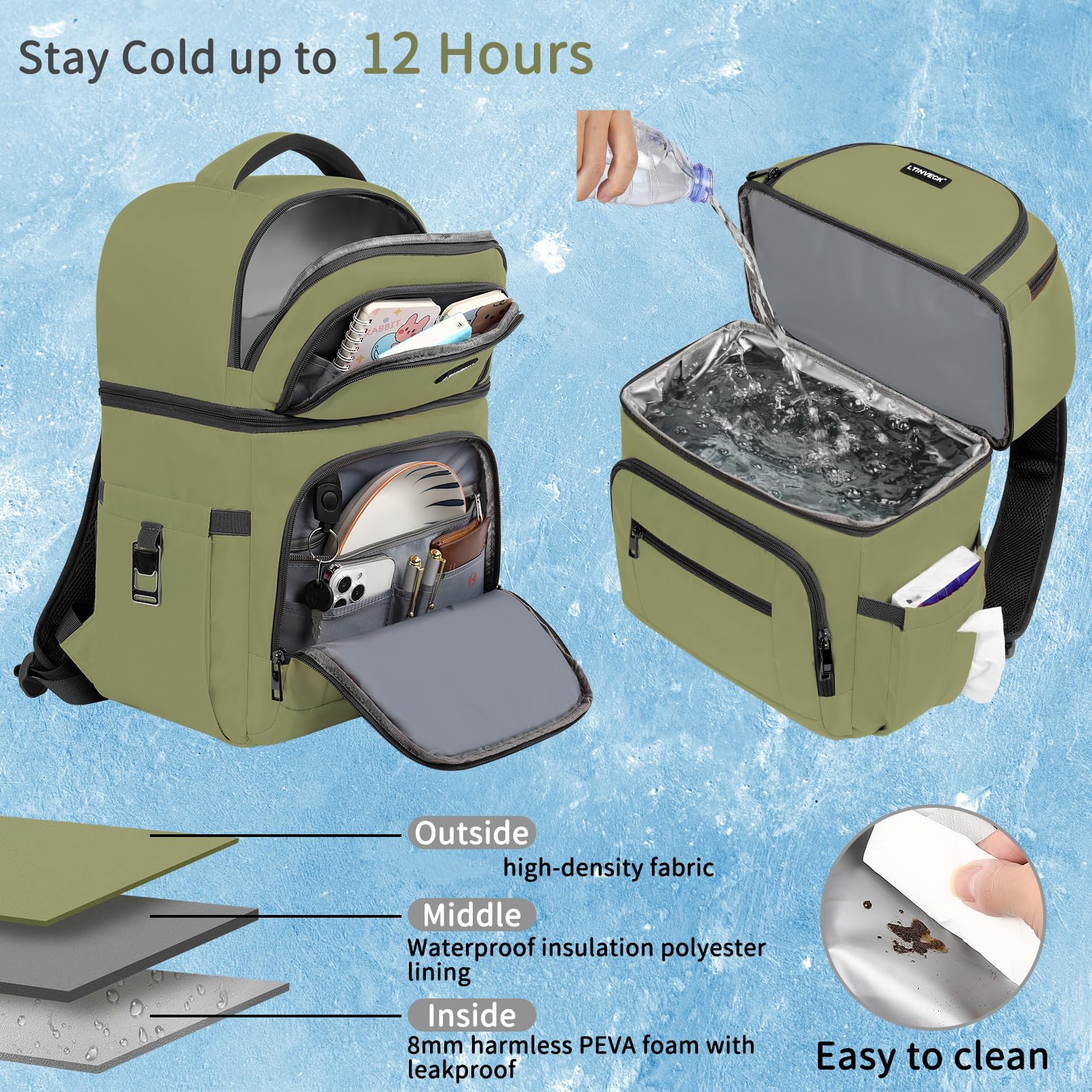 Cooler Backpack,Insulated Backpack Cooler Leakproof Double Deck Cooler Bag For Men Women Rfid Lunch Backpack