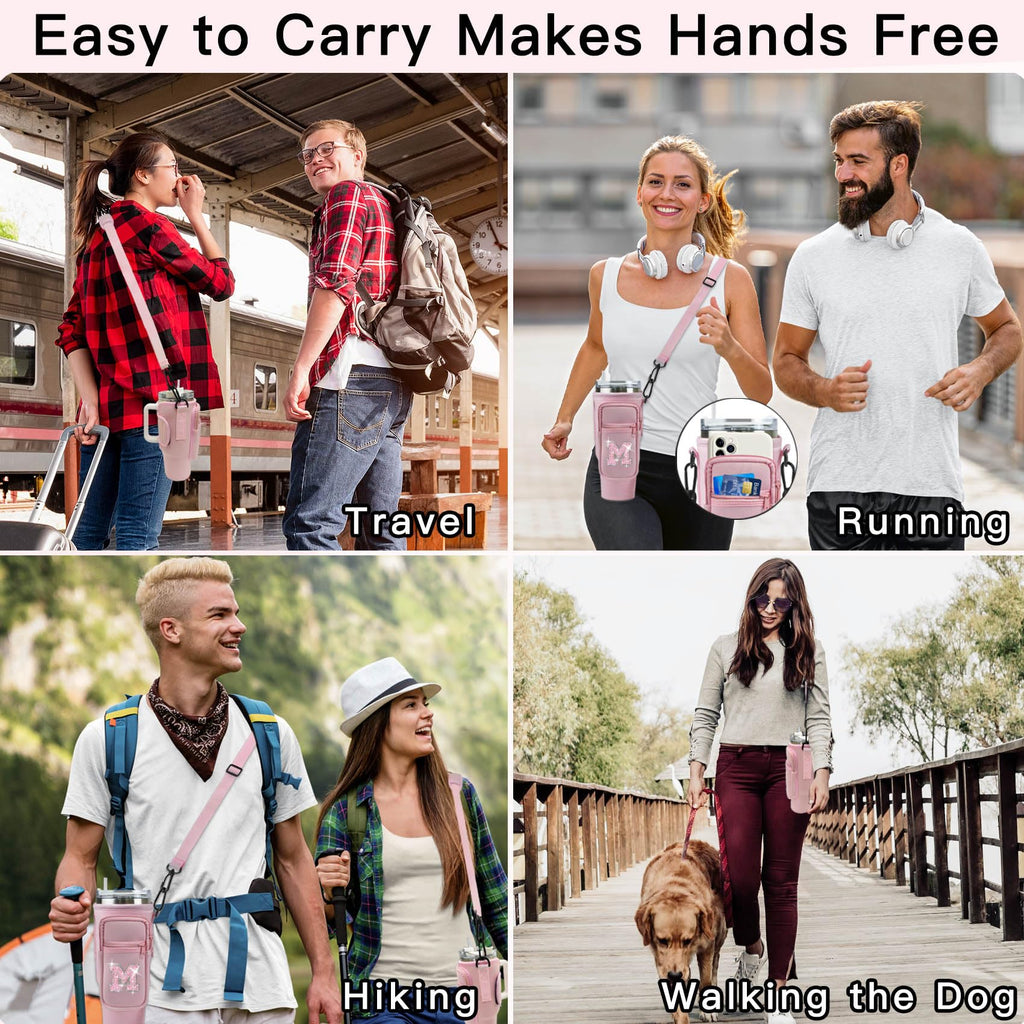 Aganmi Water Bottle Holder Bag With Strap For Stanley 40 Oz Tumbler With Handle,Initial Crossbody Water Bottle Carrier Bag With