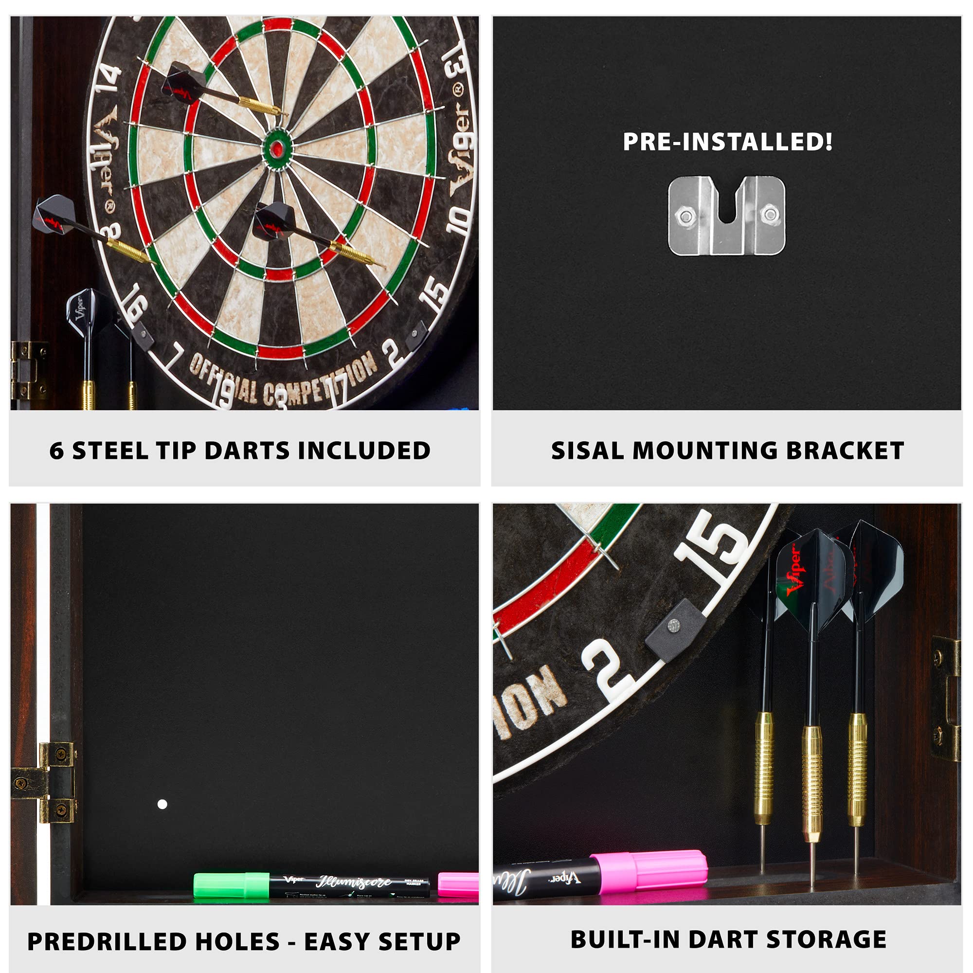 Viper By Gld Products Vault Deluxe Dartboard Cabinet With Shot King Sisal Dartboard And Illumiscore Scoreboard, Wood