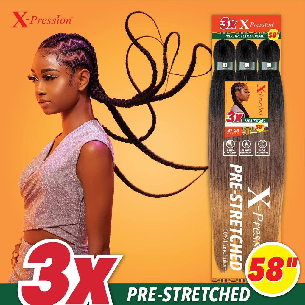 Sensationnel X-Pression Prestretched Braiding Hair - Kanekalon Flame Retardant Smooth Yaki Braid Hair Extension 3X 58 Inch (1 Pa