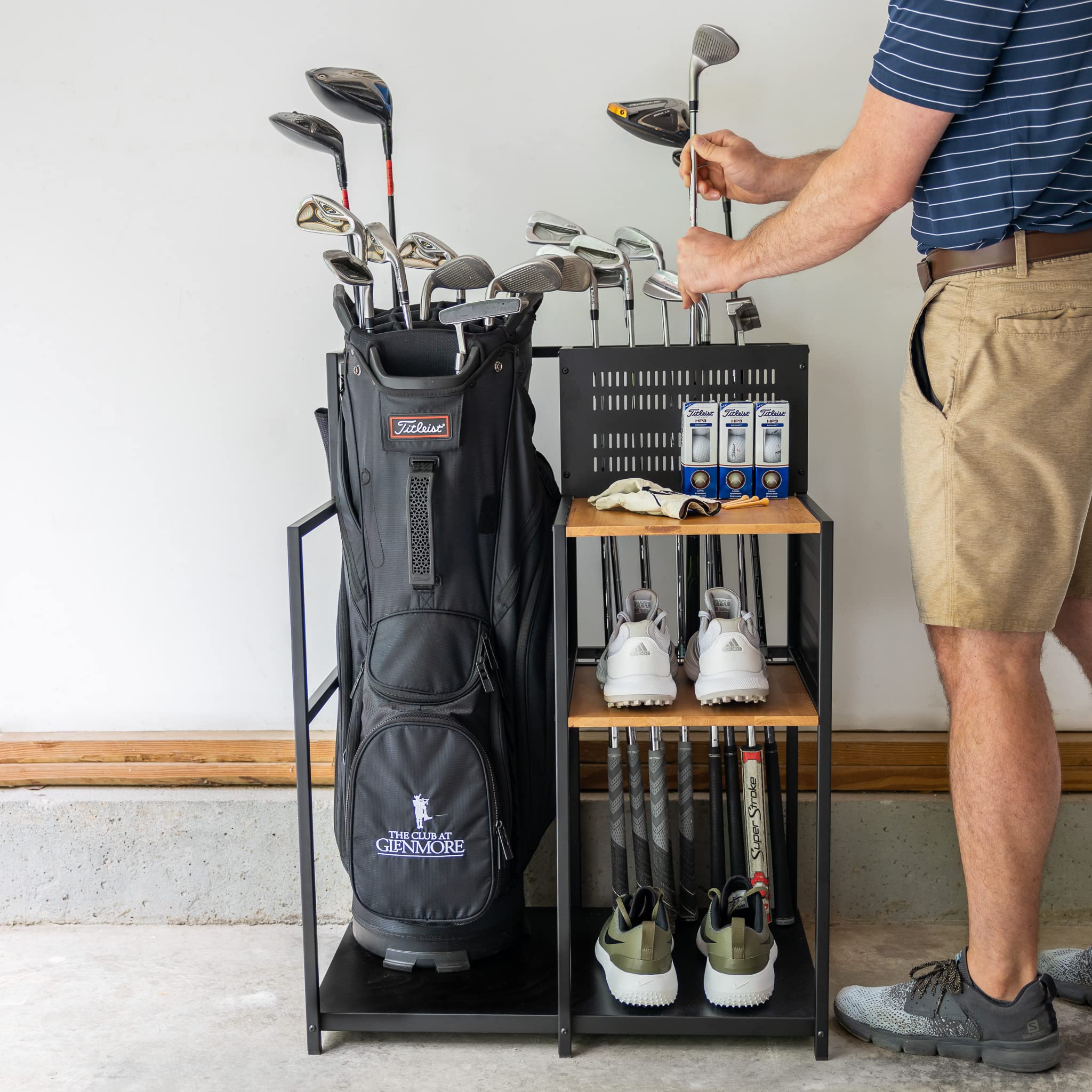 Teal Triangle Freestanding Golf Club Organizer, Stylish Heavy Duty Garage Storage Floor Stand, Holds 1 Golf Bag Shoes Clubs Ball