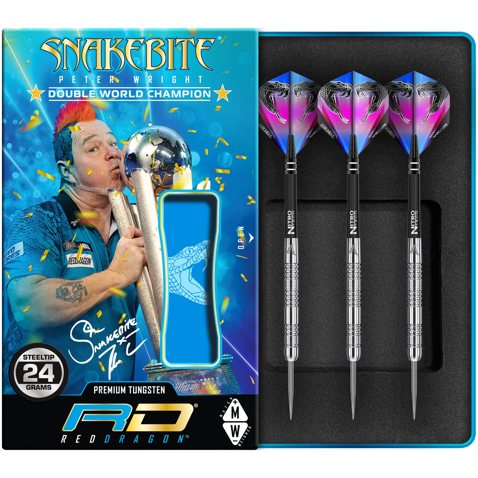 Peter Wright Snakebite Euro 11: 24G Tungsten Darts Set With Flights And Stems