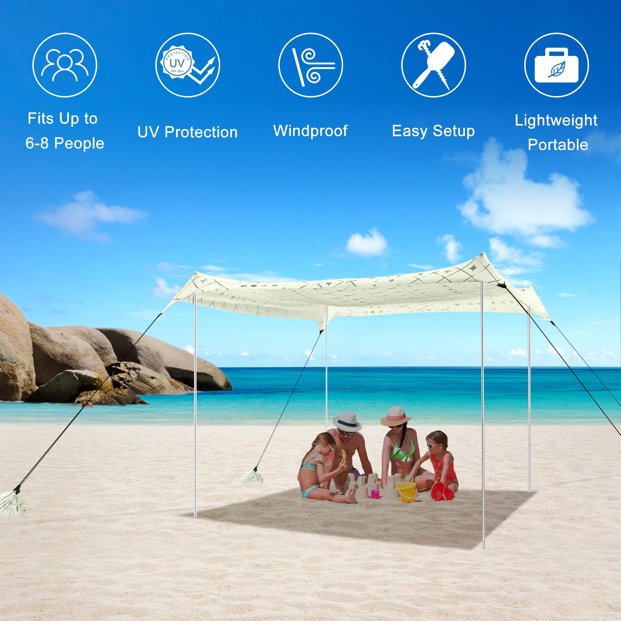 Beach Tent, Beach Canopy Sun Shade Upf 50+, Portable 10  10 Ft Camping Sun Shelter With Sandbags, Poles, Ground Pegs And Anti-Wi