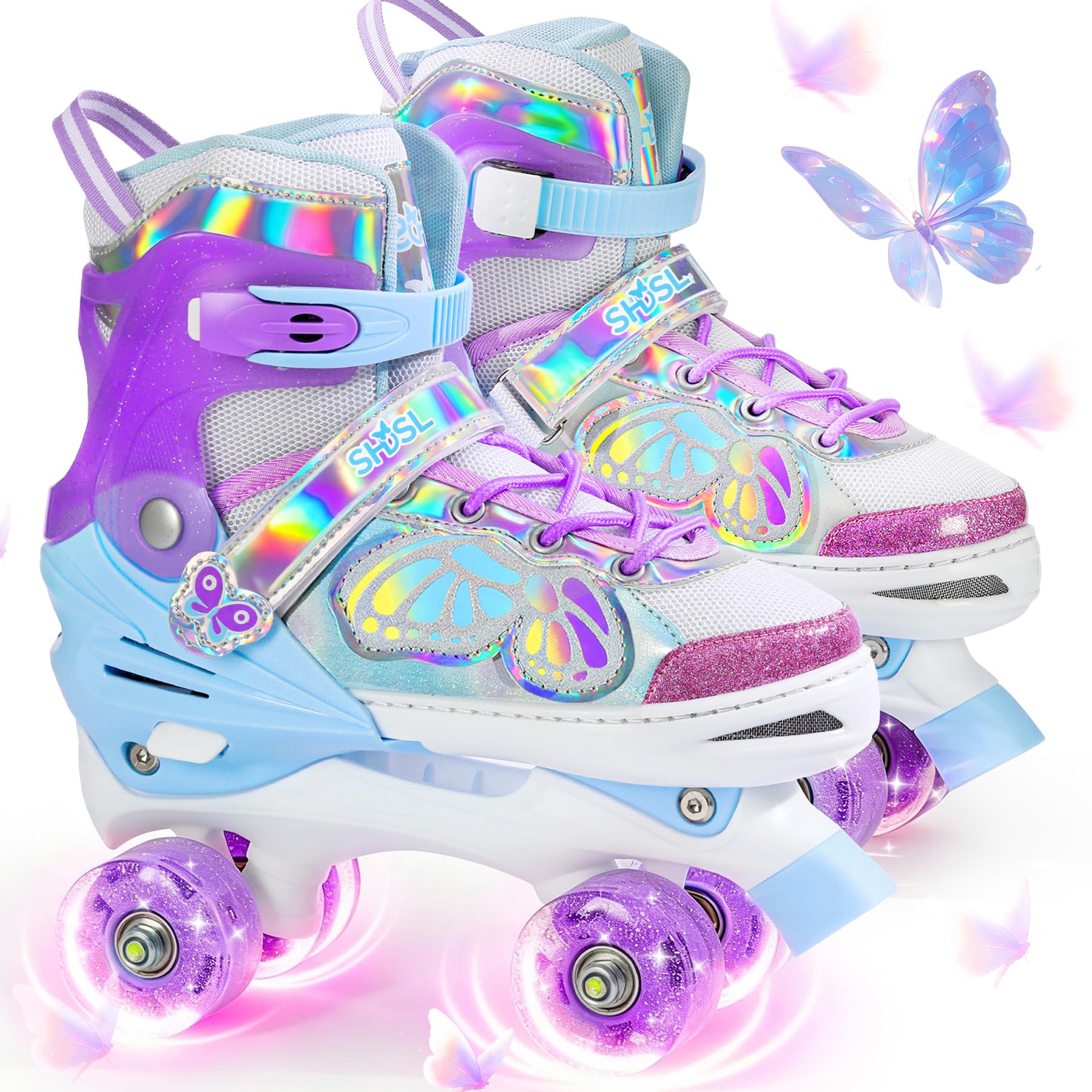 SHDSL Kids Roller Skates for Girls Boys Beginner, 4 Sizes Adjustable Quad Butterfly Roller Skates with All Light up Wheels, Birt