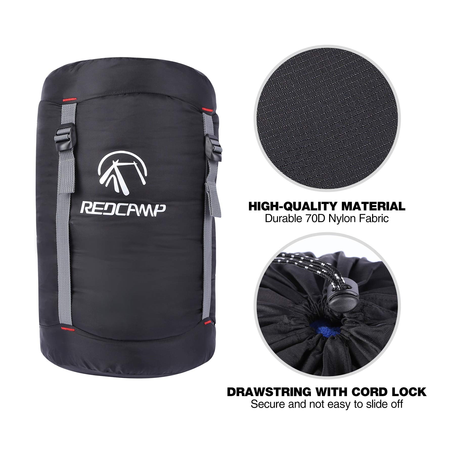 Redcamp Nylon Compression Stuff Sack, Ultralight Sleeping Bag Compression Sack Great For Camping, Backpacking, Hiking, Black Xl