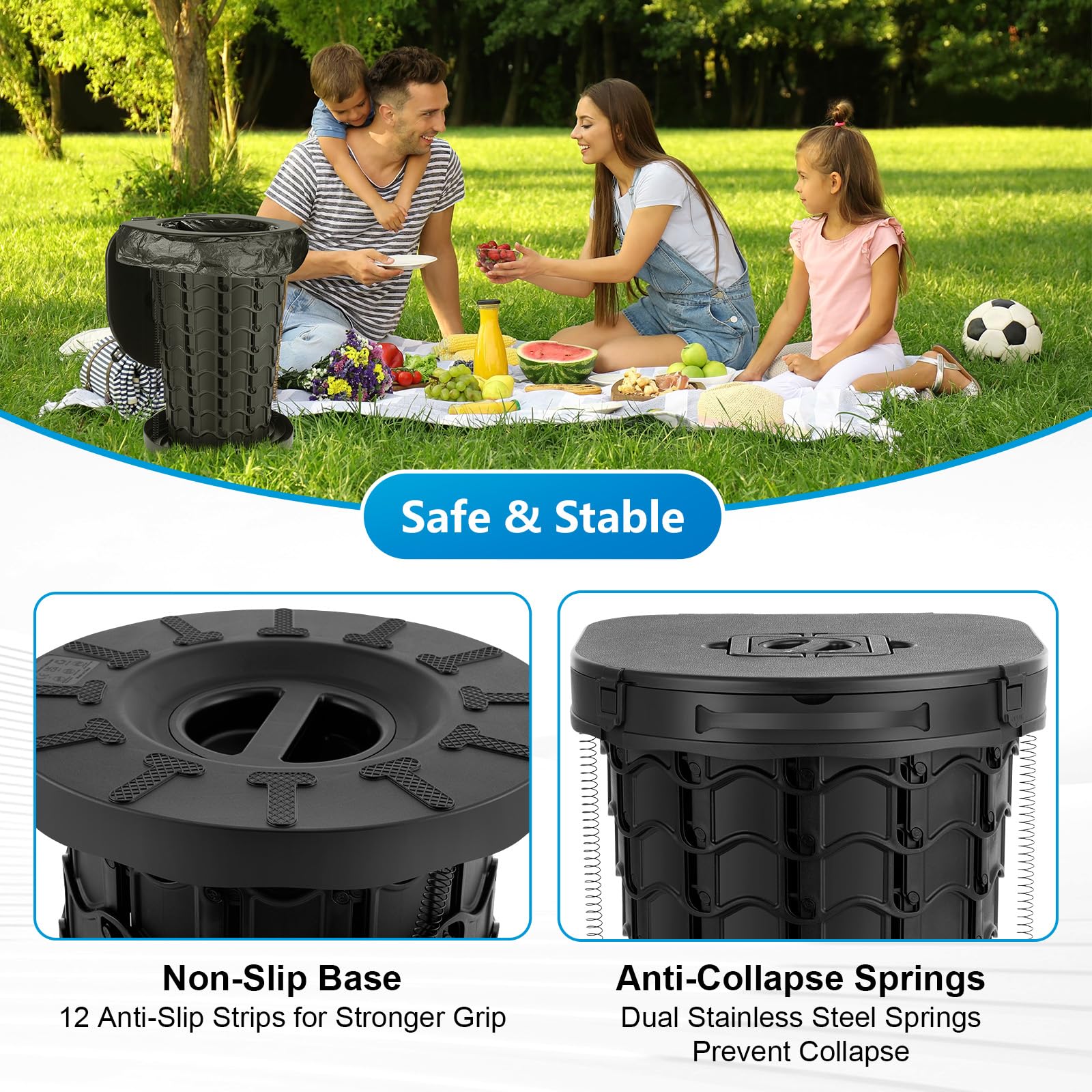 Upgrade Retractable Portable Toilet For Adults - 18.6H Adjustable Height Camping Tall Toilet, Xl Travel Folding Toilet With Lid
