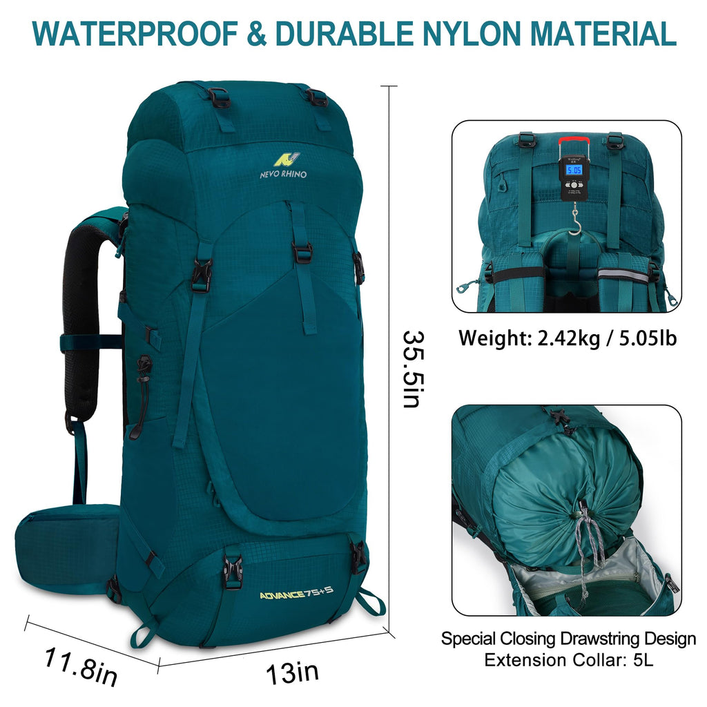 N Nevo Rhino Internal Frame Hiking Backpack 4050606580L, Mountain Climbing Camping Backpack Daypack Waterproof Rain Cover