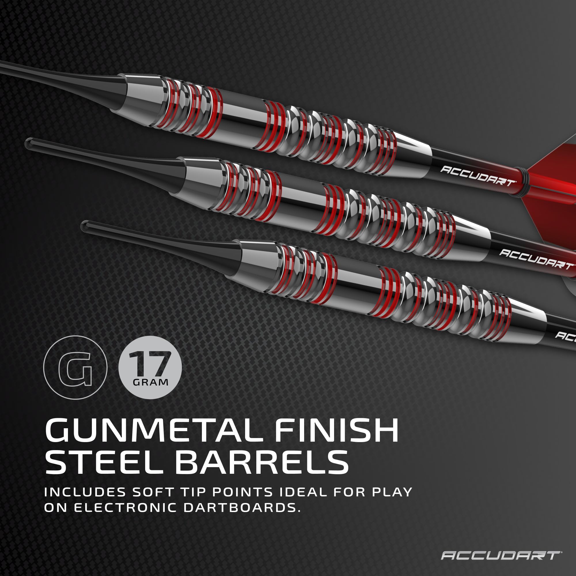Accudart Soft Tip Dart Set 3.0 - Gunmetal Finish Steel Barrel - Hybrid Grip - Polycarbonate Shafts - Standard Shape Flights - Dr