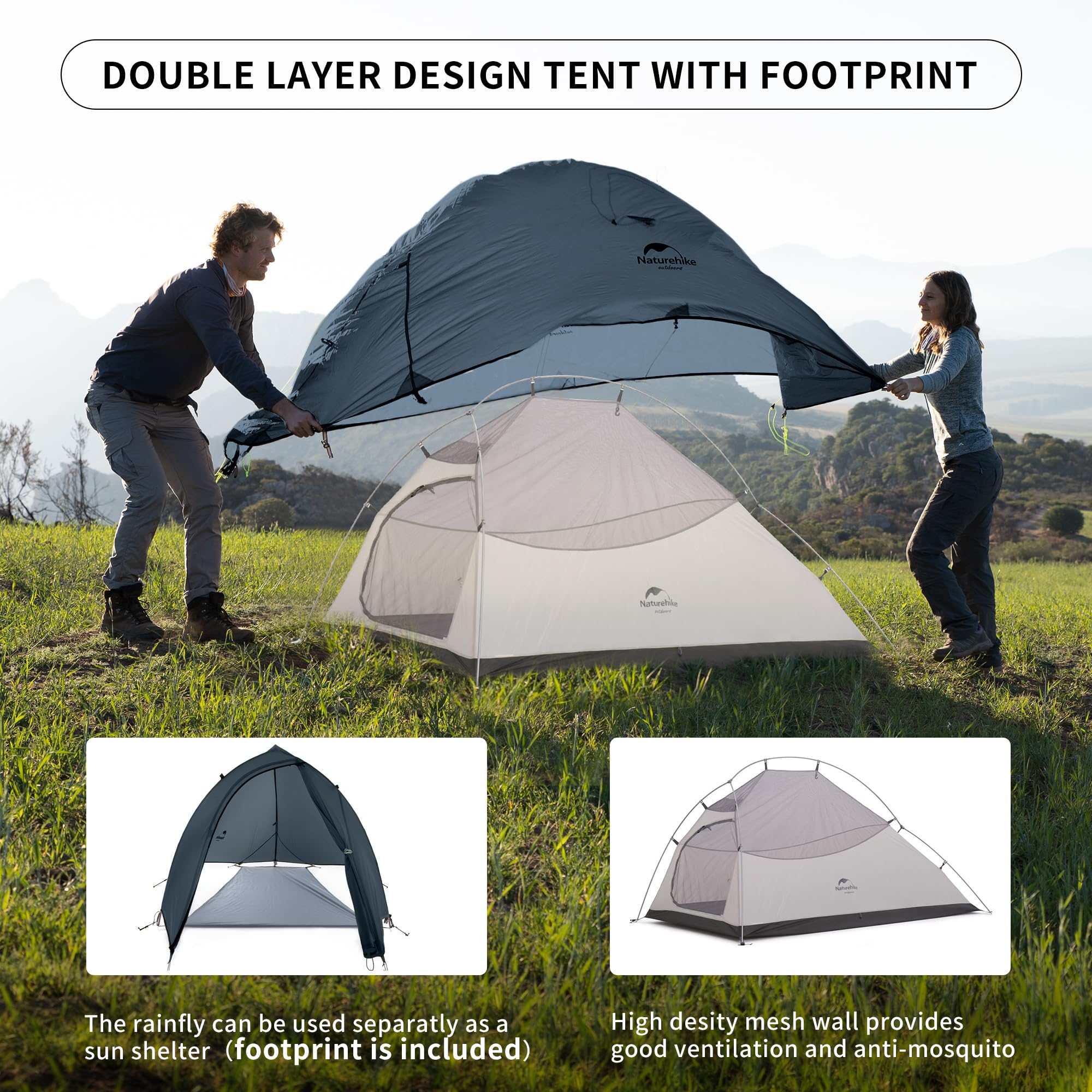Naturehike Cloud Up 2 Person Tent Lightweight Backpacking Tent With Footprint - 3 Season Free Standing Camping Hiking Two Person