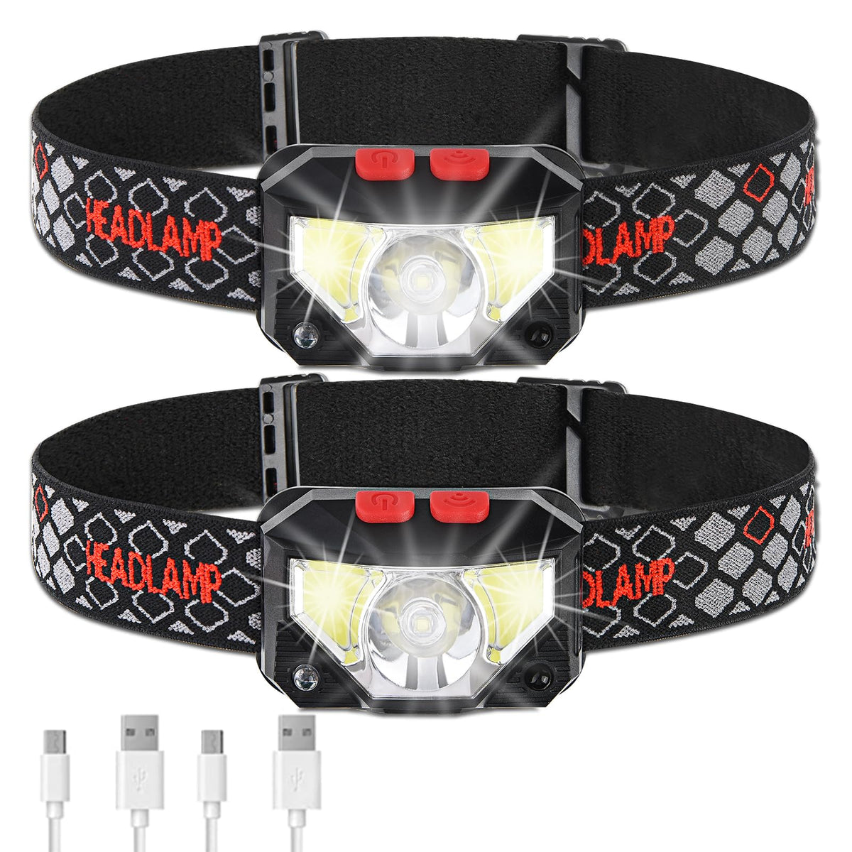 Vekkia Bright LedHeadlampRechargeable, 2Pack WaterproofMotionSensorHeadlight,White Red LED Head Lamp, HeadFlashlight for