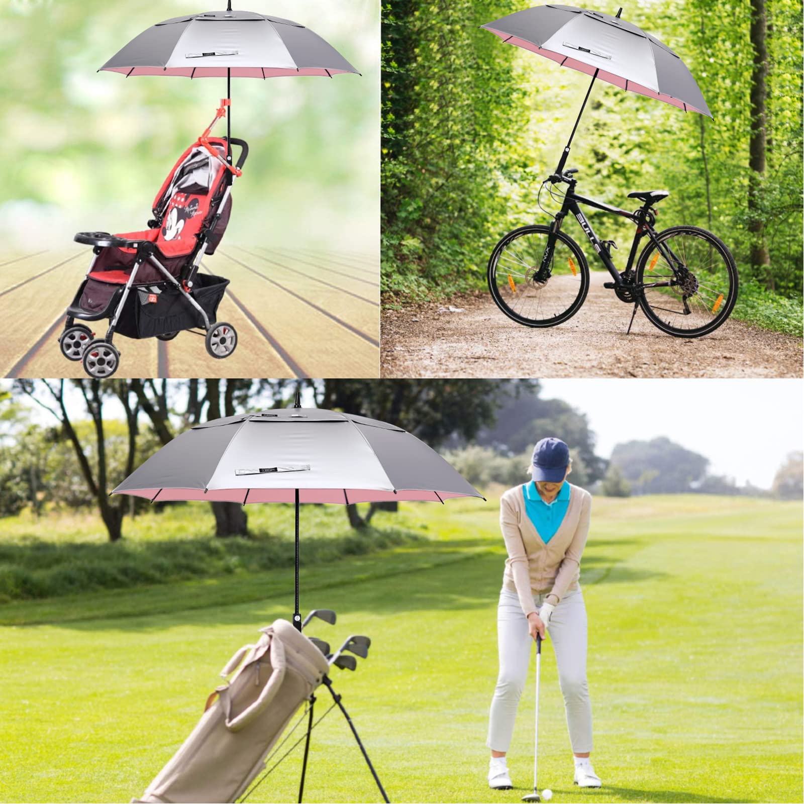 G4Free 68 Inch Uv Protection Golf Umbrella Auto Open Extra Large Windproof Sun And Rain Umbrellas Double Canopy (Silver/Pink)