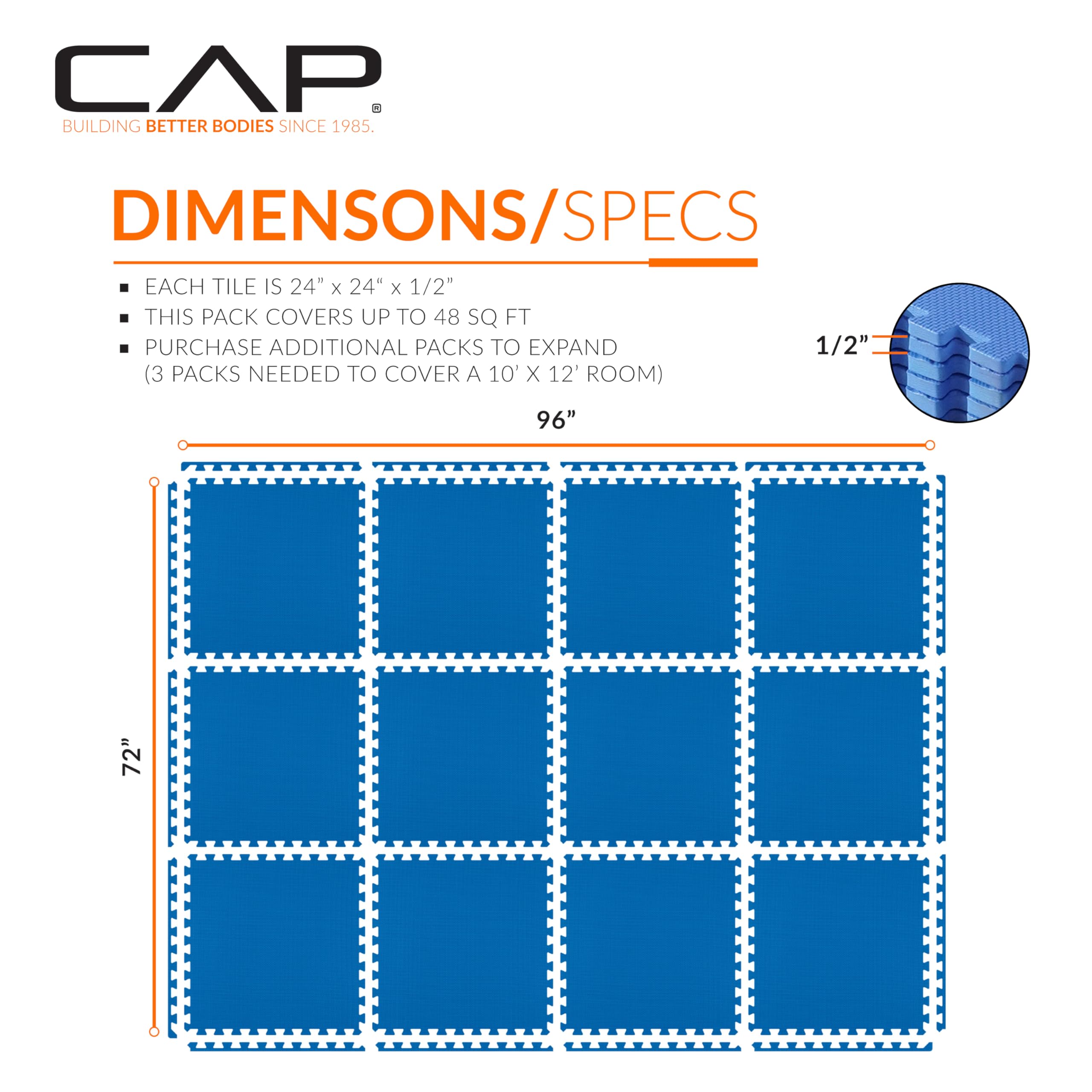 Cap Barbell 1/2 Interlocking Eva Foam Exercise Puzzle Mats - 2 Pack | 24'' X 24'' X 1/2'' | T Pattern - Blue