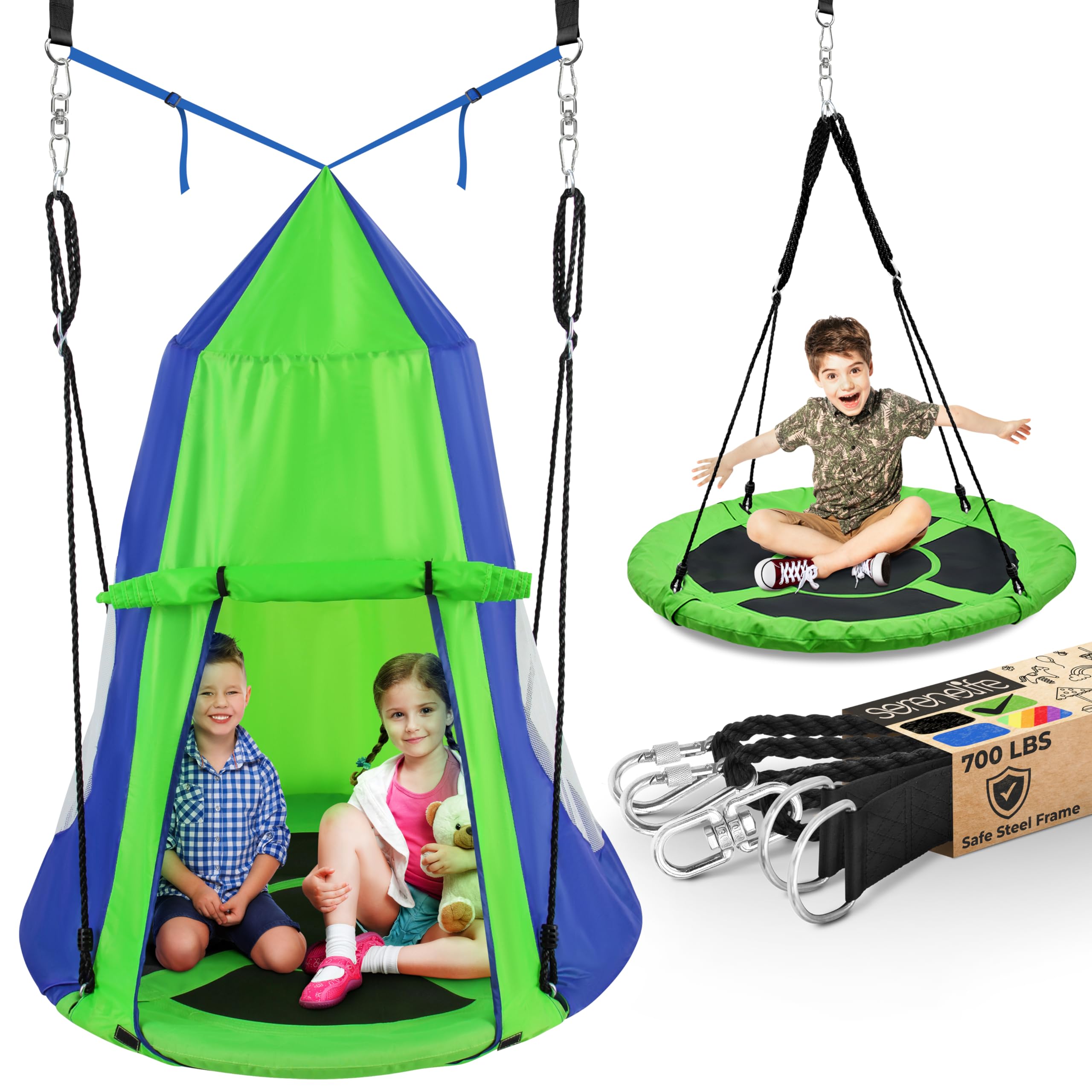 SereneLife 40 Kids Hanging Tent Swing, Outdoor Saucer Swing with Hang Kit and Swinging Swivel Spinner (Green)